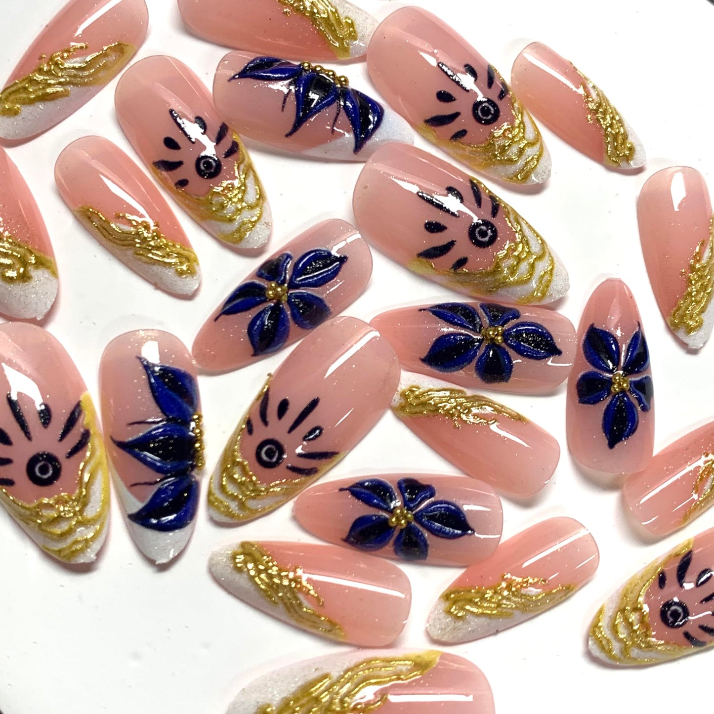 BABALAL Press On Nails, Medium Almond Fake Nails, 3d Blue Floral & Gold Chrome, White French Tip, Glossy Full Cover Glue On Nails For Women And Girls 24Pcs