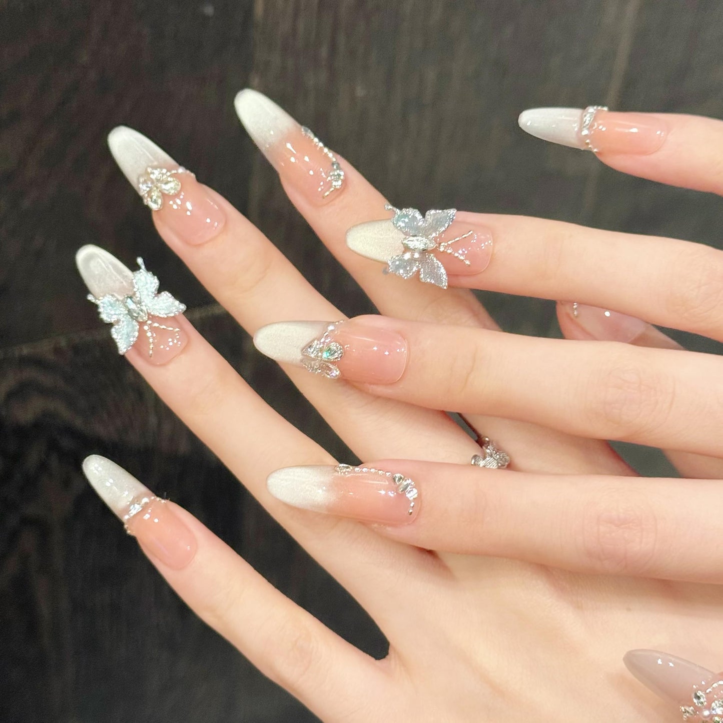 Handmade Press on Nails Stiletto Elegant Almond Shaped Nails in Pink and White Embellished with Rhinestone Butterflies Handmade Stiletto Press on Nails 3D Luxury Press on Nails（M）