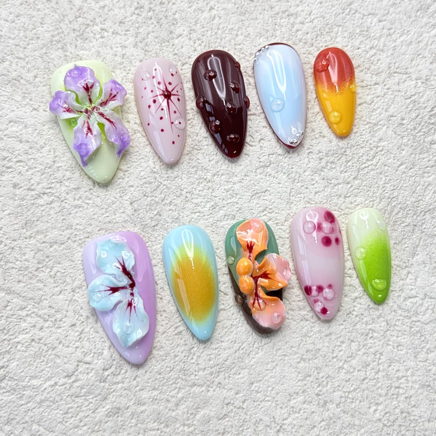 RIICFDD Handmade Press on Nails Medium Almond Thick Acrylic Nails,Tropical Flower Art Fake Nails with Water Droplet Pattern Designs Nature Stick on Nail False Nails for Wome (Size S)