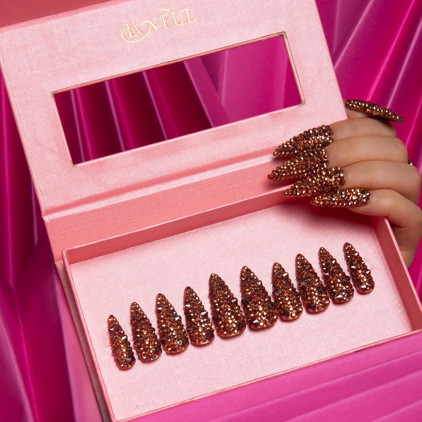 LOVFUL Press on Nails Classic Golden Rhinestone | Handmade with Full Covered Crystals | Reusable Fake Nails | Stiletto Classic Regular 1.3 in | H148-M