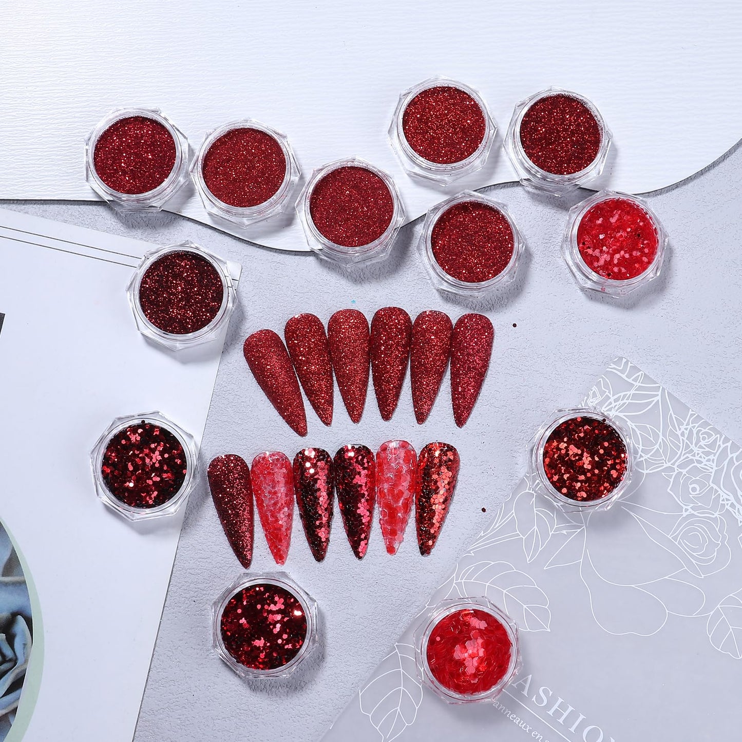New Year Red Nail Art Glitters Nail Sequins 12 Boxes Holiday Nail Glitter Flakes 3D Red Series Hexagon Sugar Designs Nail Art Decoration Dipping Powder for Nails Supplies DIY Craft Accessories