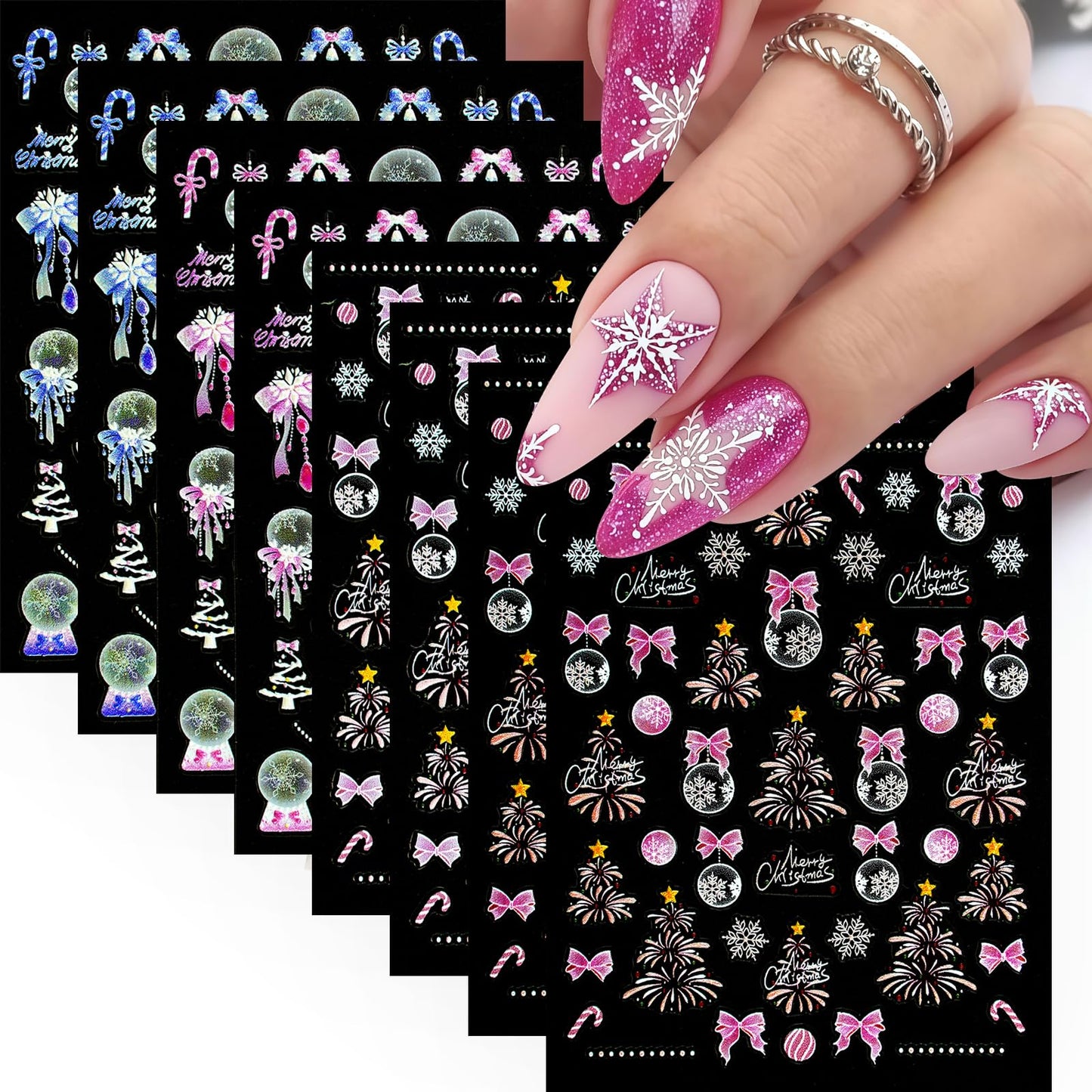 4 Sheets 5D Embossed Christmas Nail Art Stickers Pink Blue Fireworks Christmas Tree Nail Stickers Self-Adhesive Snowball Tree Nail Decals for Women Winter Xmas Holiday Manicure DIY Nail Supplies