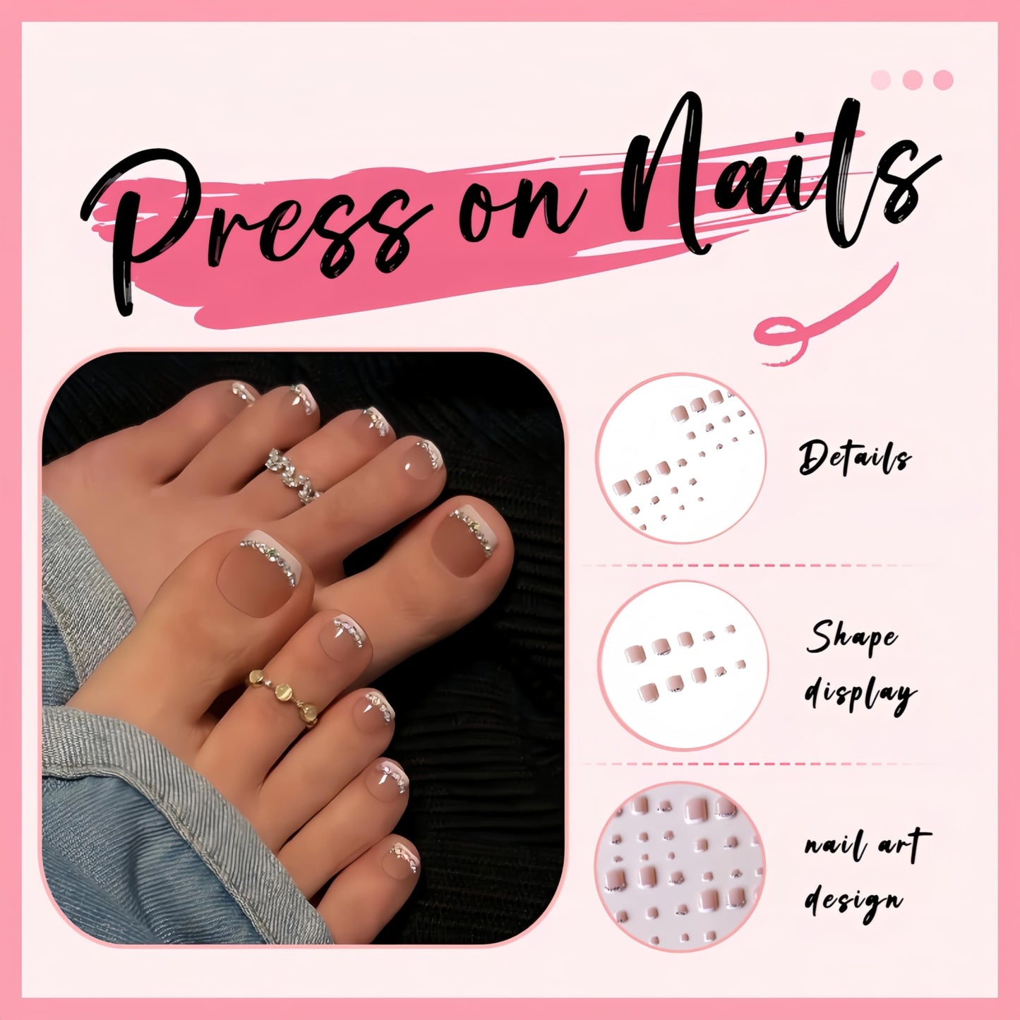Pink French Tip Press on Toenails Short Square Fake Toenails Glossy Glitter Silver Diamond French Full Cover False Toenails Artificial Acrylic Toe Nails Press Ons for Women Summer Manicure DIY 24pcs