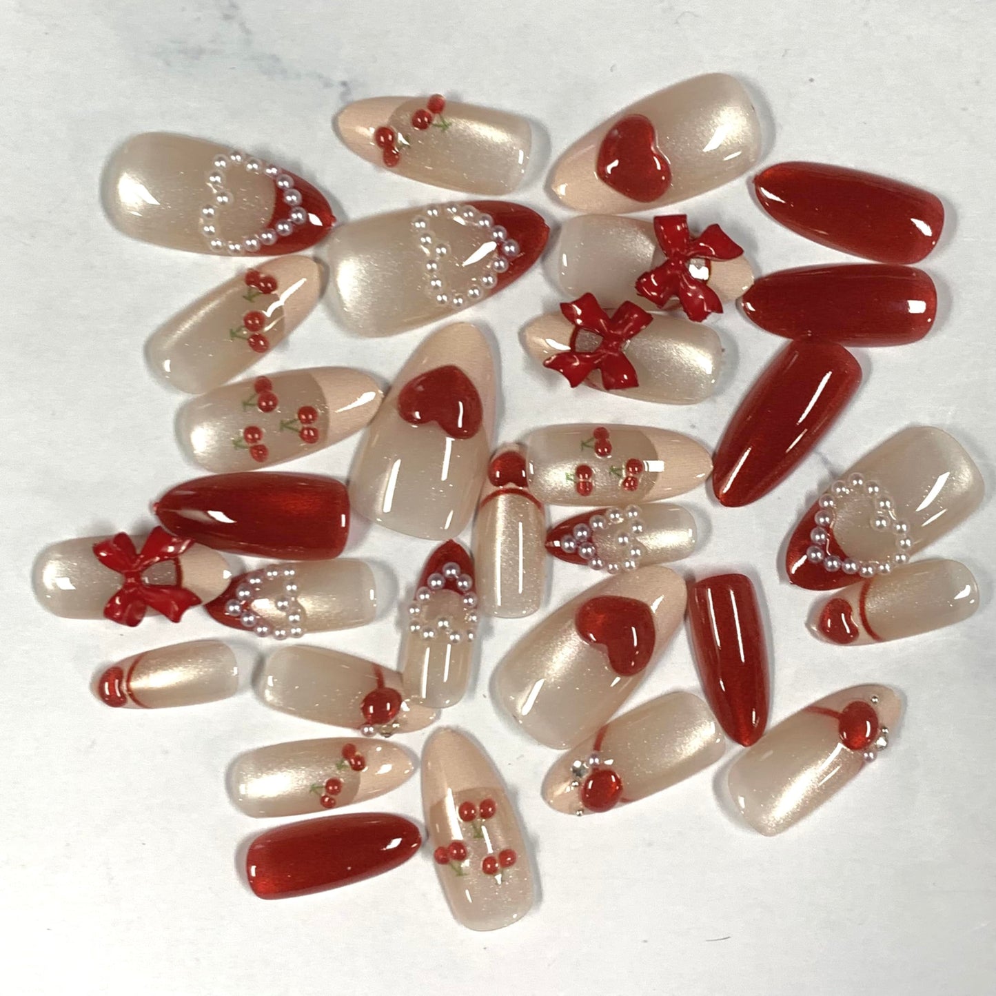 BABALAL Press on Nails Medium Almond Red Pink French Tip Fake Nails 3D Heart Cherry Design Handmade Cat Eye Shiny Acrylic Glossy Full Cover Glue on False Nails for Women and Girls 30Pcs Reusable