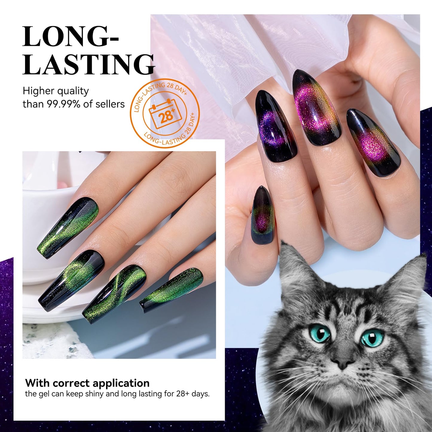 MIZHSE 9D Cat Eye Gel Nail Polish Set, Glitter Chameleon Magnetic Gel Nail Polish with Black Color 2 Magnet Sticks, Galaxy Effect Soak Off LED Nail Art Manicure Salon DIY Gift