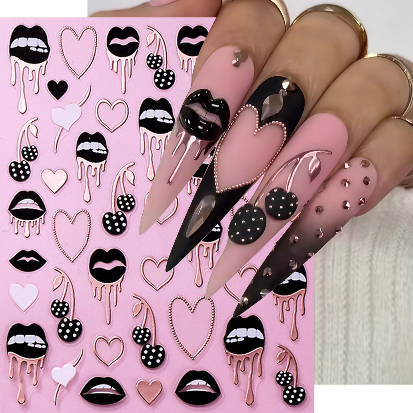 6 Sheets Black Lips Nail Stickers Valentines Nail Decals Self-Adhesive Rose Gold Heart Cherry Sexy Lips Nail Design Hollow Heart Nails Supplies DIY Manicure Accessories for Women Nails Decorations