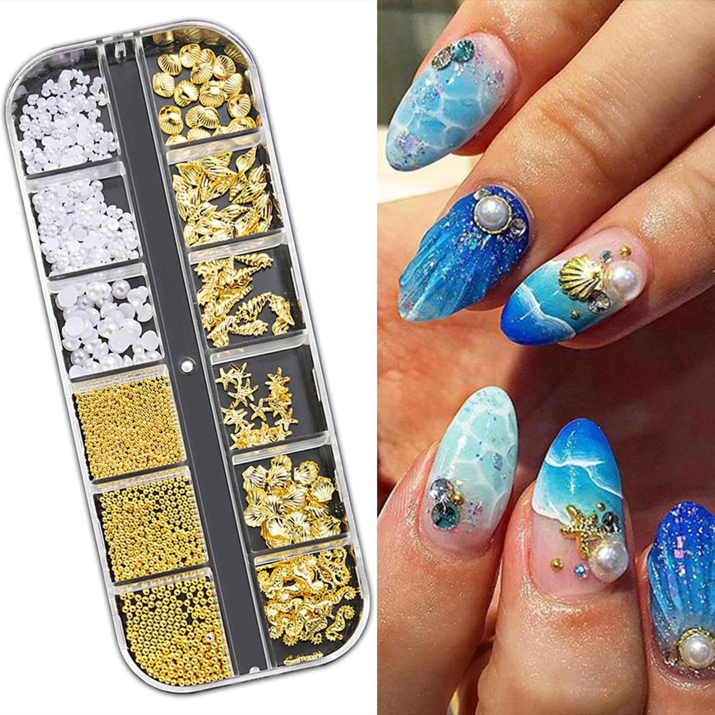 Summer Nail Charms 3D Steel Studs Metal Art Charms Pearls Seashell Starfish Gold Nail Rhinestones Ocean Theme Designs Conch Alloy Nail Rivets Caviar Beads Nail Supplies for Women Manicure 12 Grids