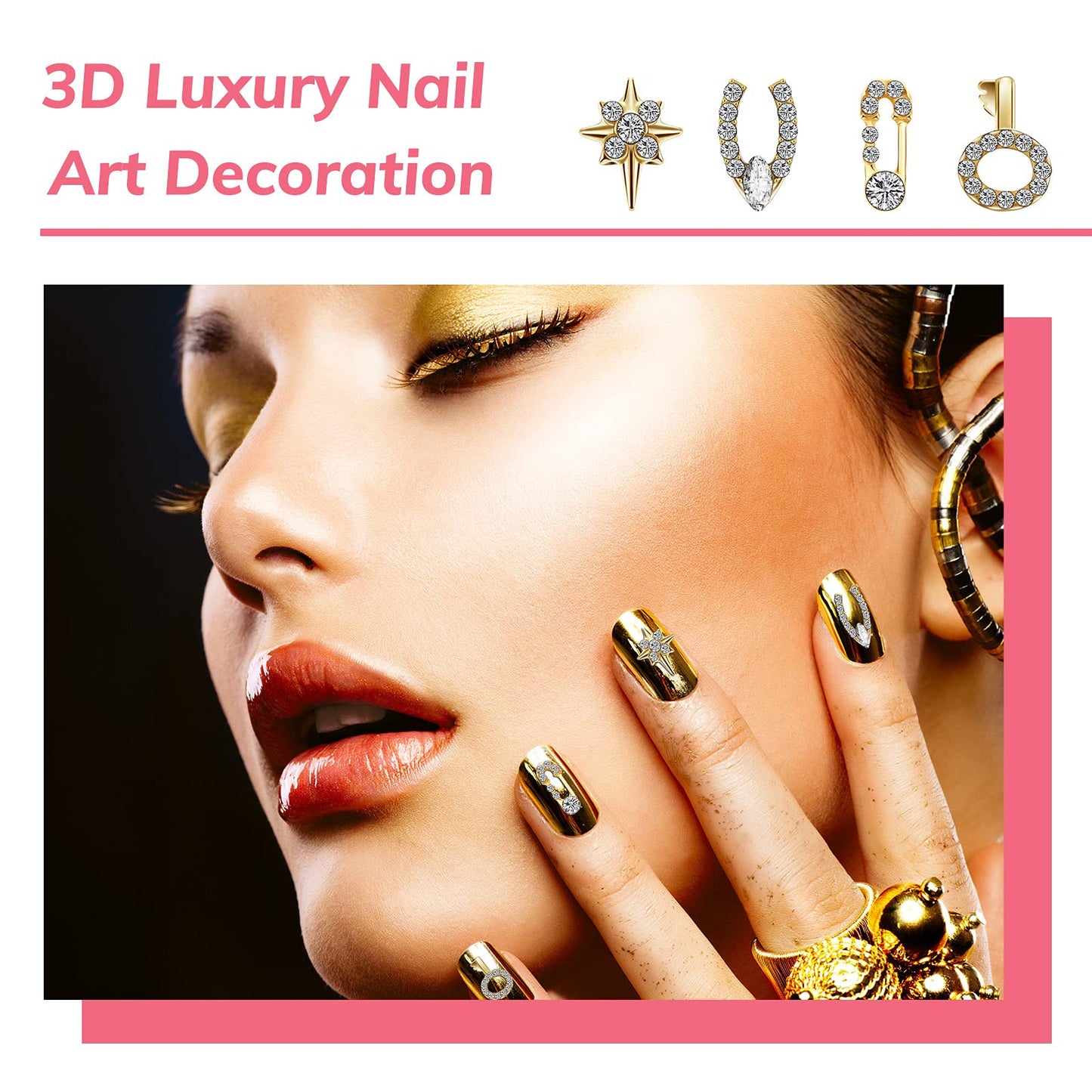 Maitys 48 Pcs Gold Charms 3D Nail Rhinestones Nail Gems 24 Styles Y2k Cross Heart Shiny Diamonds Dangle Crystals Jewels Nails Decoration with Storage Box for Women DIY Hand Beauty Craft Jewelry Making