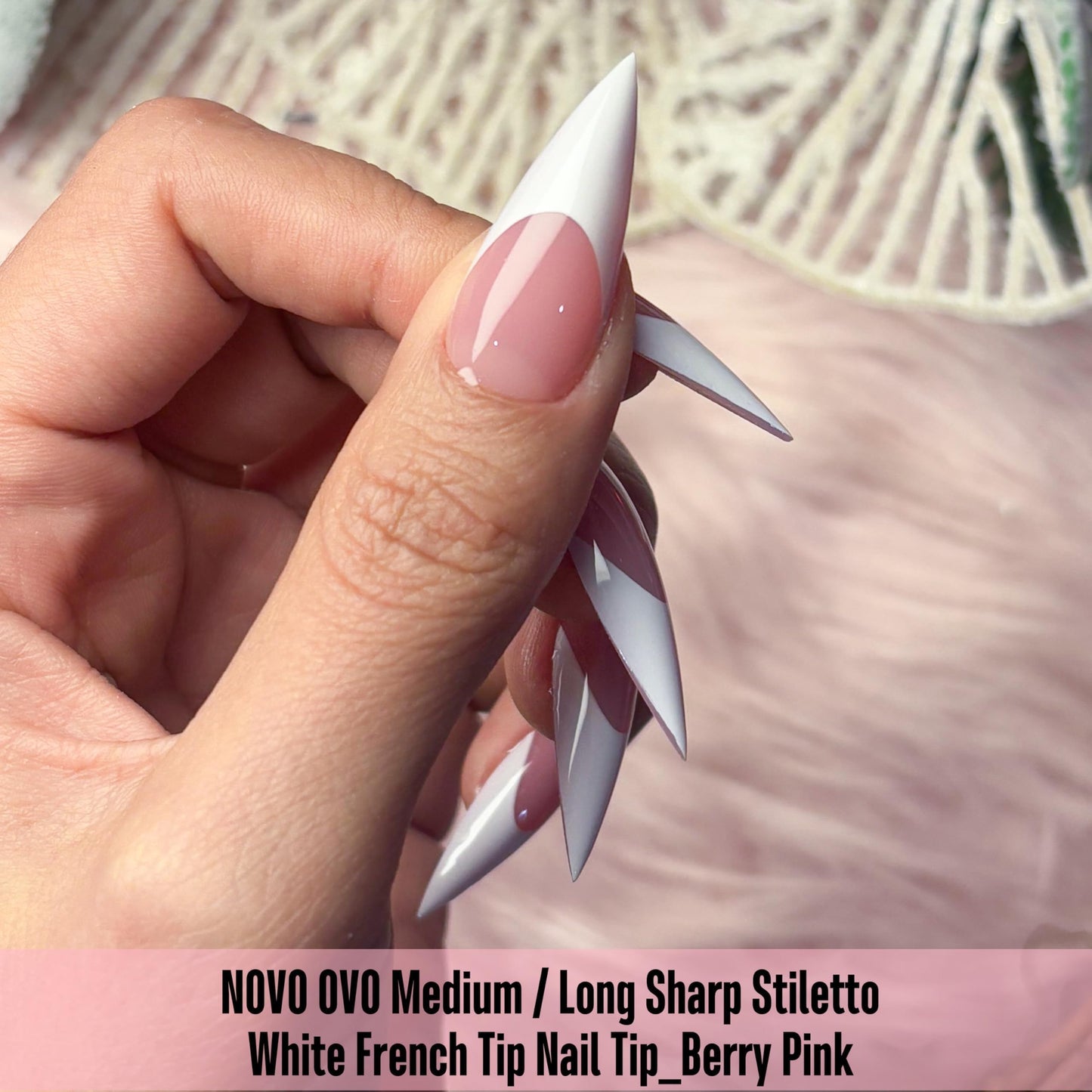 NOVO OVO White French Tip Sharp Stiletto Pointed Medium Long Nail Tips Press on Berry Pink, Soft Gel Fake Acrylic Extension, Full Cover False Nails for Salon DIY x 16 Sizes 160 pcs