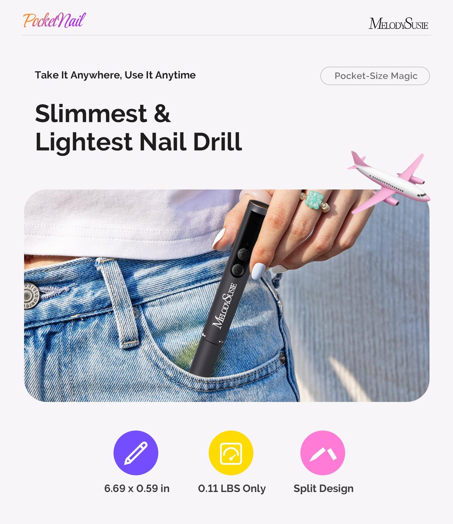 MelodySusie PocketNail Pen-Shaped Cordless Modular Nail Drill, PC100GR 20000RPM Slim Portable Rechargeable Electric File for Manicure Pedicure Nail Care, Shaping & Gel Removal at Home for Beginners