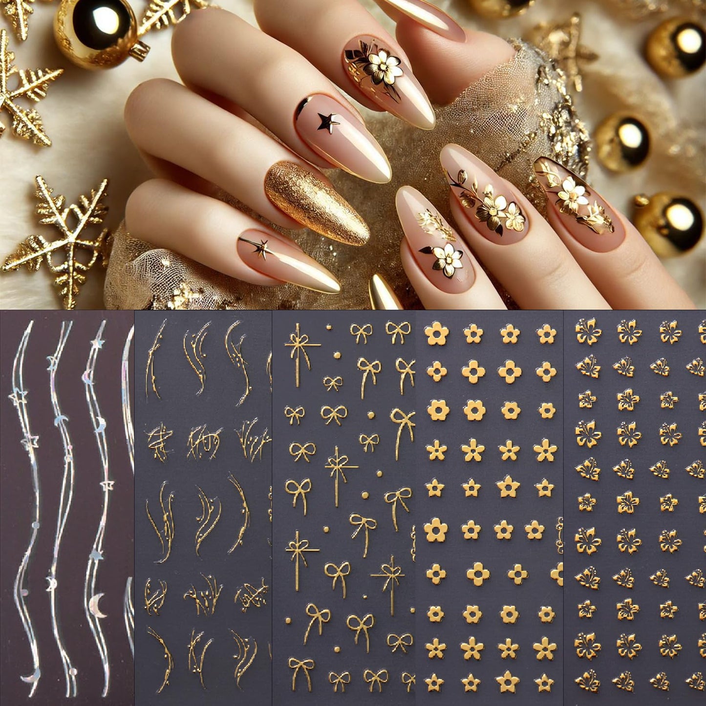 5Sheets Gold Line Nail Art Stickers 3D Self Adhesive Metal Geometric Stripe Wave Little Flower Nail Sticker Glitter Designs Nail Art Supplies Bow Sticker for Women DIY Nail Decoration