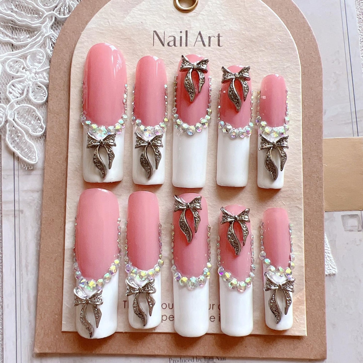 NAIL ANGEL 10PCS/SET Glamorous Handmade Press on nails Glitter Rhinestone with Metal 3D Bow Charms Long Coffin Nails Party Nails XXL Long Artifical Tips ZJ-08 (Multi-Color, ZJ-08-M)