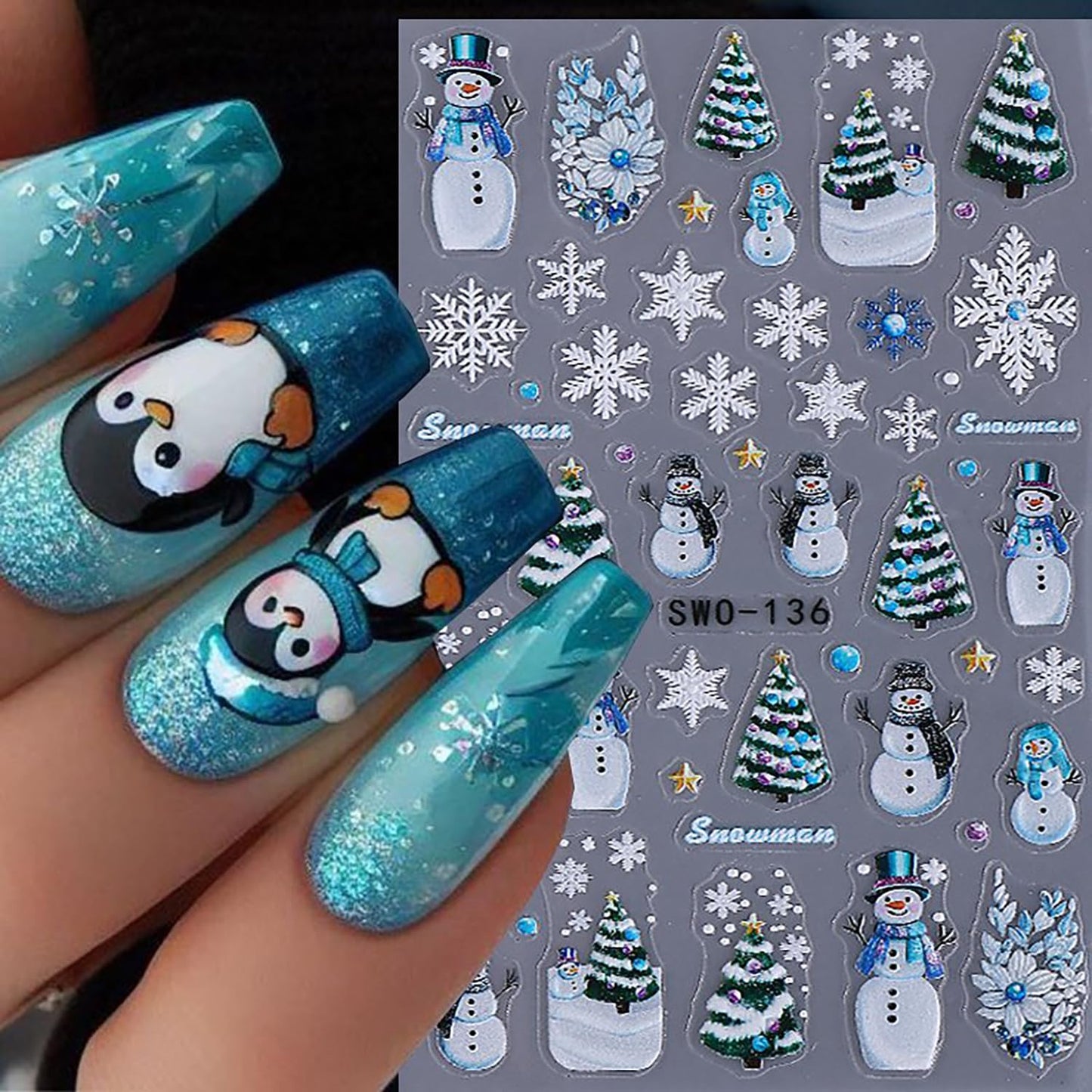 5 Sheets Christmas Nail Art Stickers 3D Self -Adhesive Santa Claus Snowflake Nail Decals Holographic Cute Snowman Nail Stickers Winter Christmas Trees Nail Staickers Decoration for Women DIY Manicure
