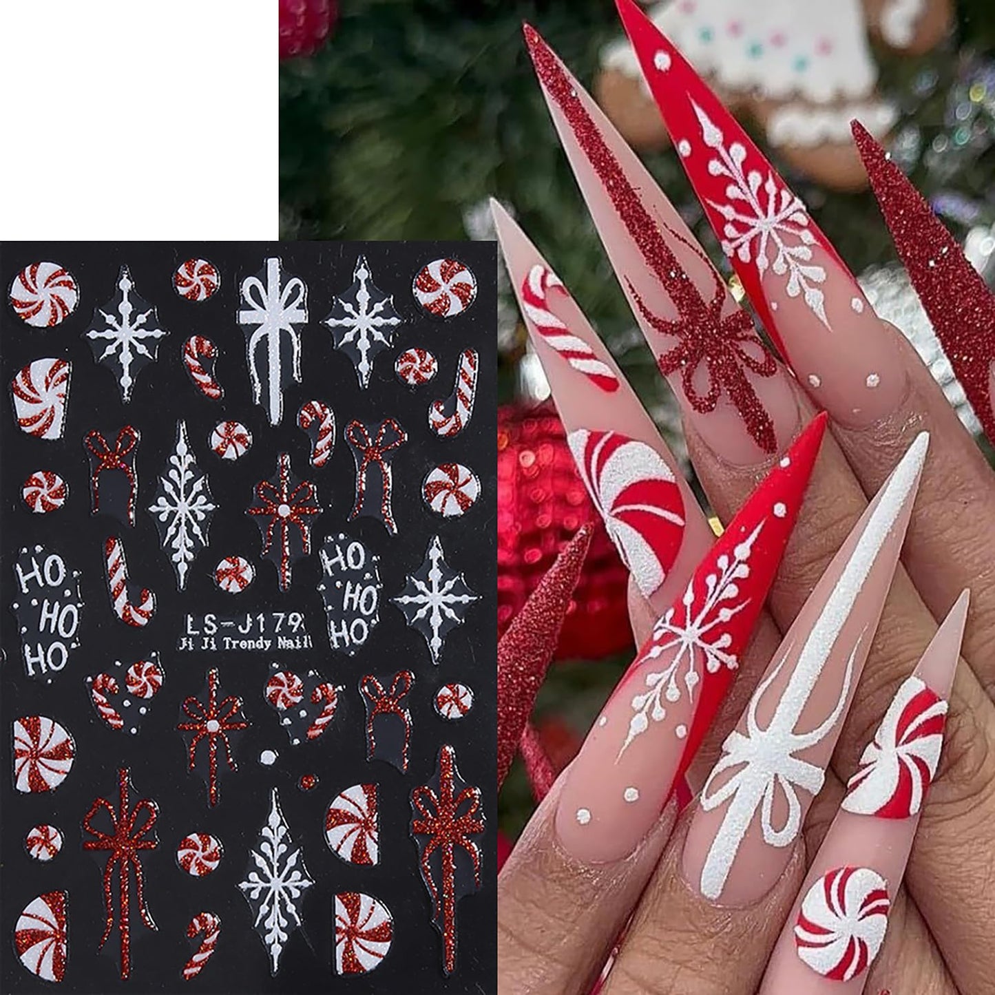 Christmas Nail Art Stickers Winter Glitter Bow Snowflake Cute Elk Xmas Nail Stickers 3D Self -Adhesive Christmas Trees Light Ball Festival Decals Holographic Xmas Decoration for Women DIY Manicure