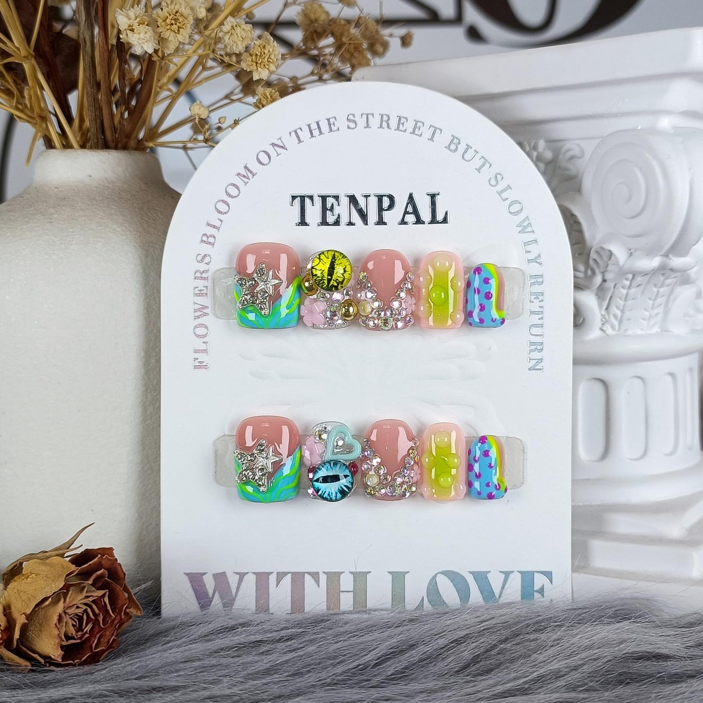 TENPAL V-Shape French Tips Square Nails,Acrylic Press on Nails with 10pcs Kit,Sweet Edgy Y2K Hand-Painted Art False Nails,Neon Yellow-Green Fake Nails with 3D Stars, Hearts, Rhinestones Flowers(L)
