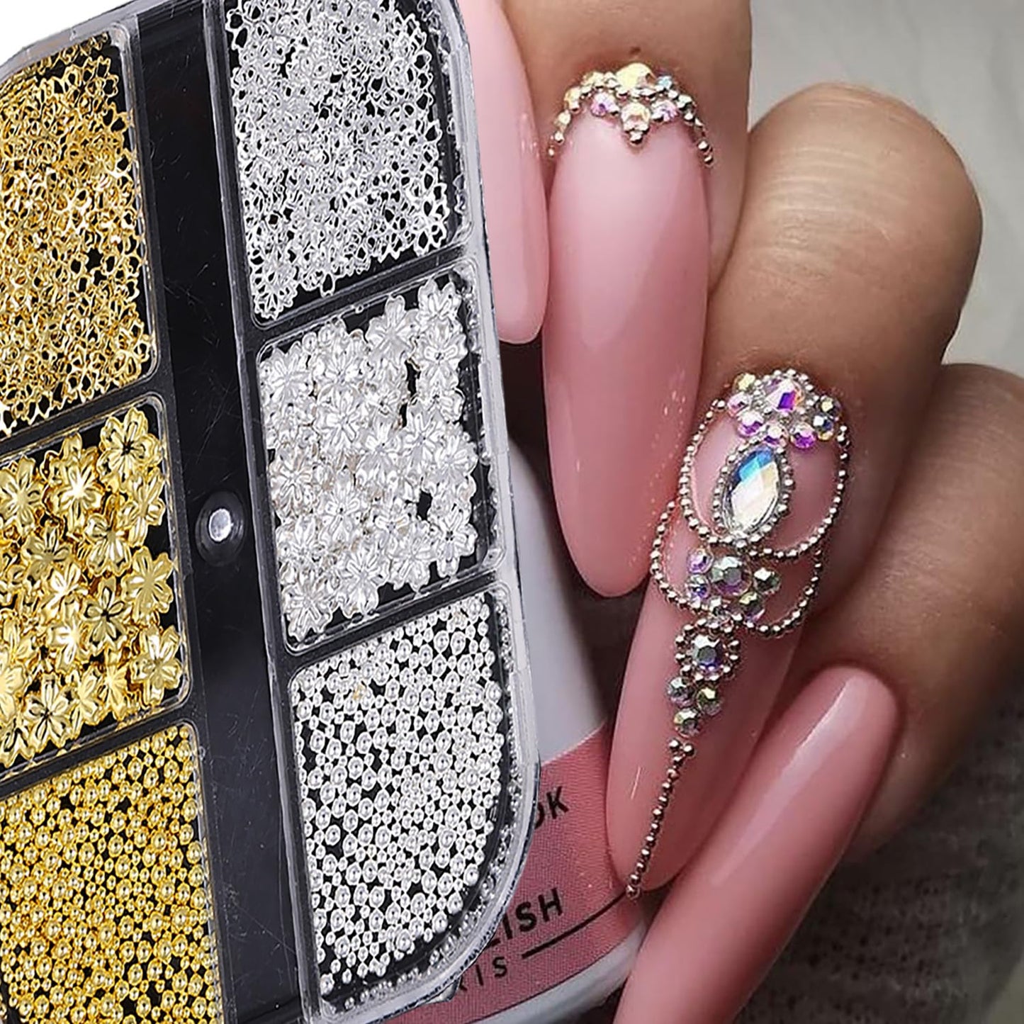 CJDLTS 6 Grids Flowers Nail Decoration, Gold Silver 3D Flower Nail Art Decorations, Metal Cherry Flower Studs with Beads Hollow Flowers Sequins for Women Acrylic Nails DIY Manicure