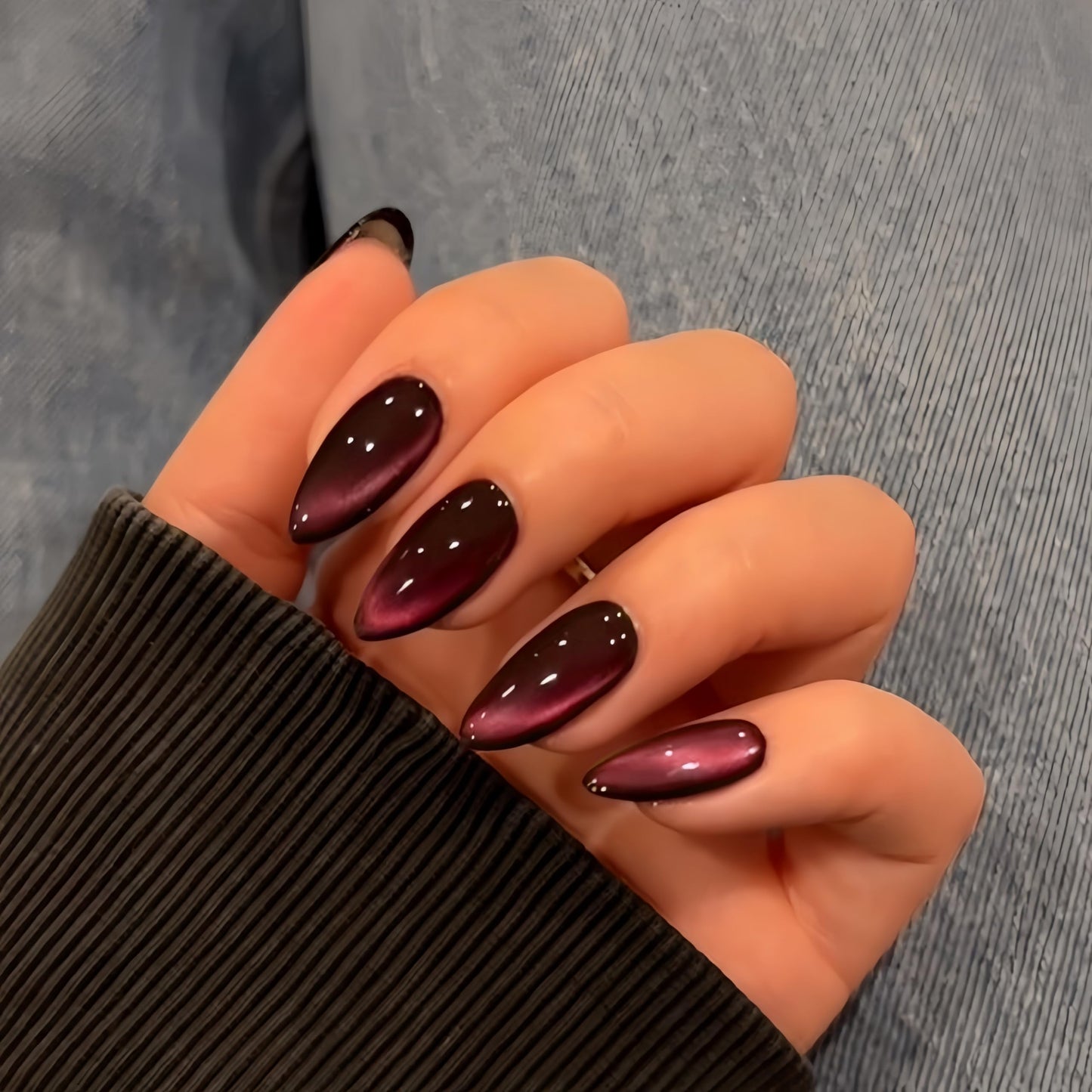KQueenest Black Pink Cat Eye Press on Nail Almond, 30 Pcs 15 Sizes Shiny Sparkle Fake Nails Press on Medium Stiletto, Custom Thick Quality, Reusable Cute Glue on Nail for Women Summer Party