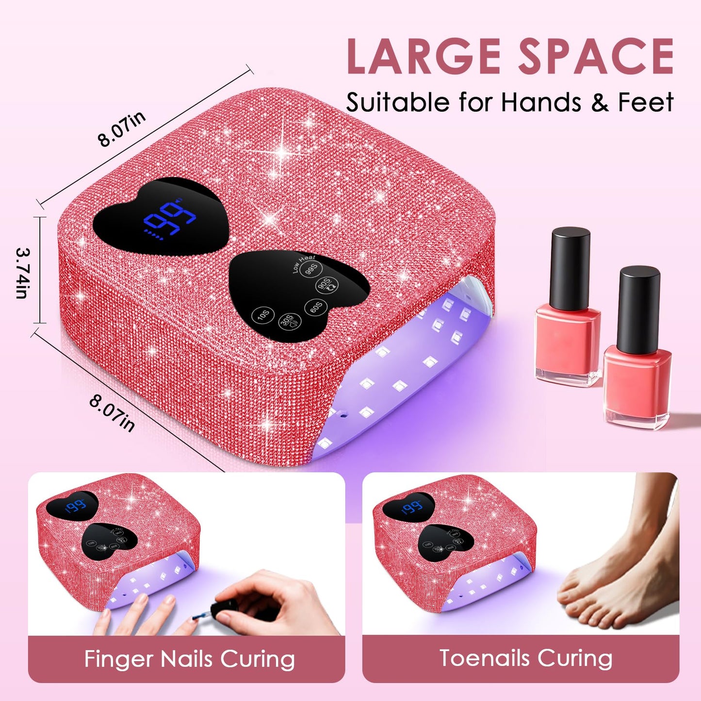 UV LED Nail Lamp Cordless, HUITINE 80W Rechargeable UV Light for Gel Nails with 5 Timers & Mirror Base, Professional Gel Light Dryer, Sparkling Rhinestones Curing Lamp for Salon & Home (Pink Diamond)