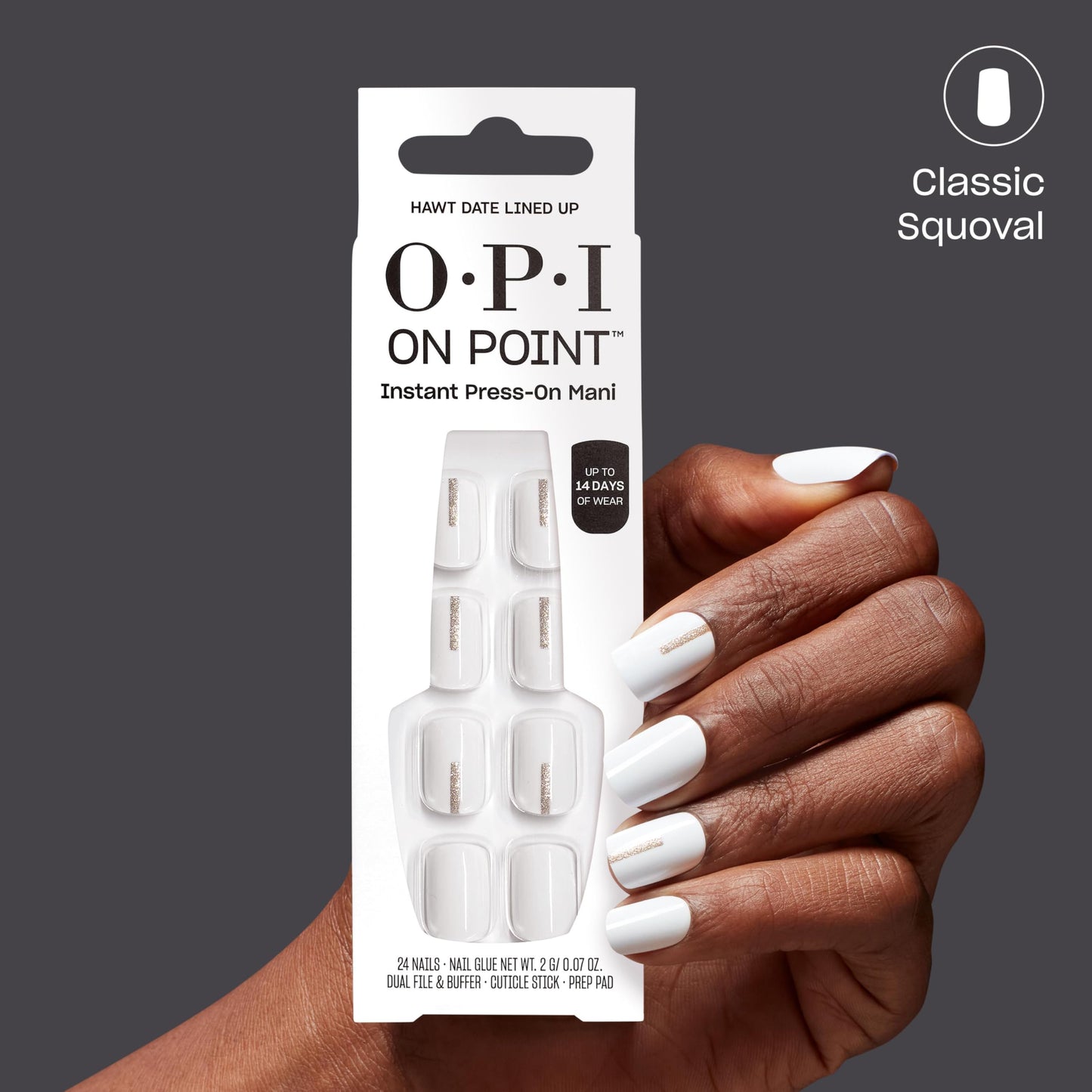 OPI On Point Hawt Date Lined Up | Short Round White with Silver Shimmer Nail Art Press On Nails | 24 Count with Glue | Long Lasting, Reusable, Non-damaging | Fall 2025 Shades