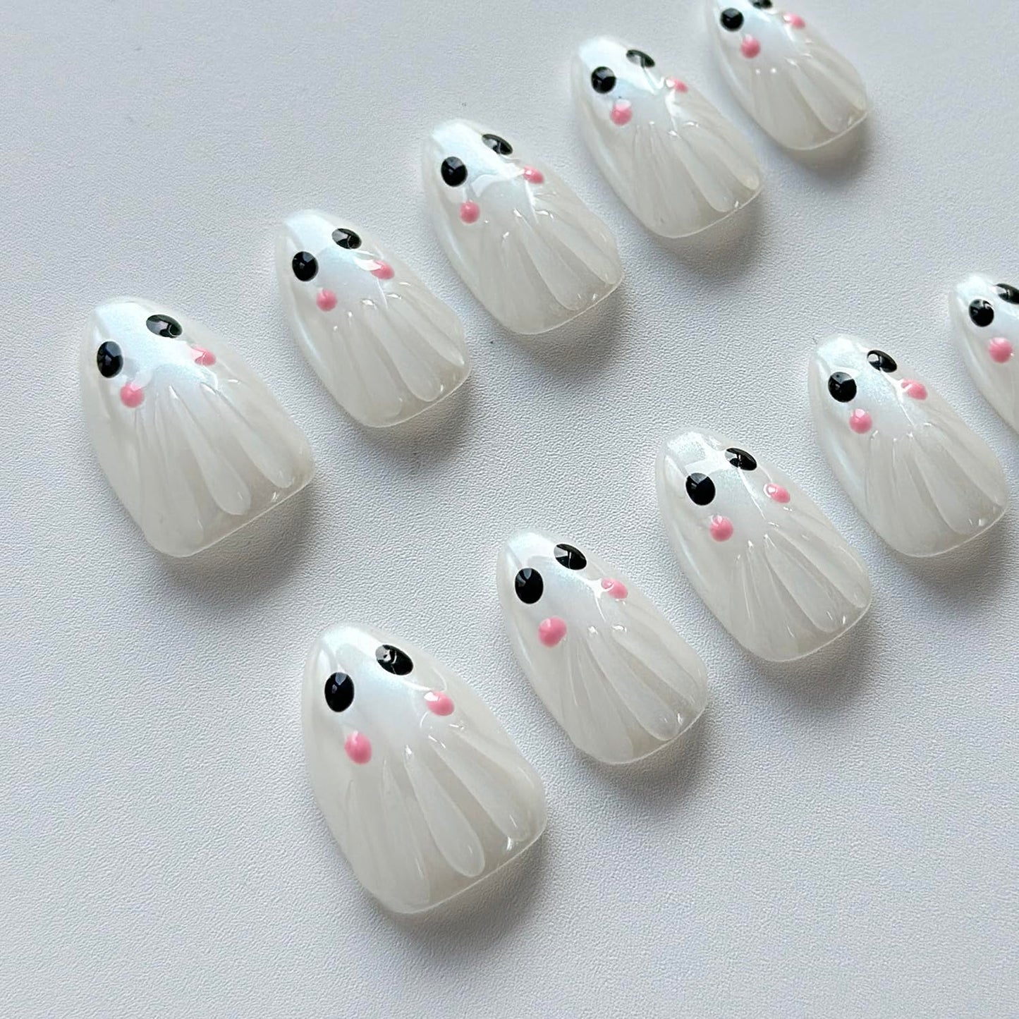 Halloween Press on Nails Medium Almond Handmade Nails 3D Unique Reusable ABS Material Luxury Fake Nails Chrome Cute Little Ghost False Nails with Designs Glossy Glue on Nails Thick Acrylic Nails(M)