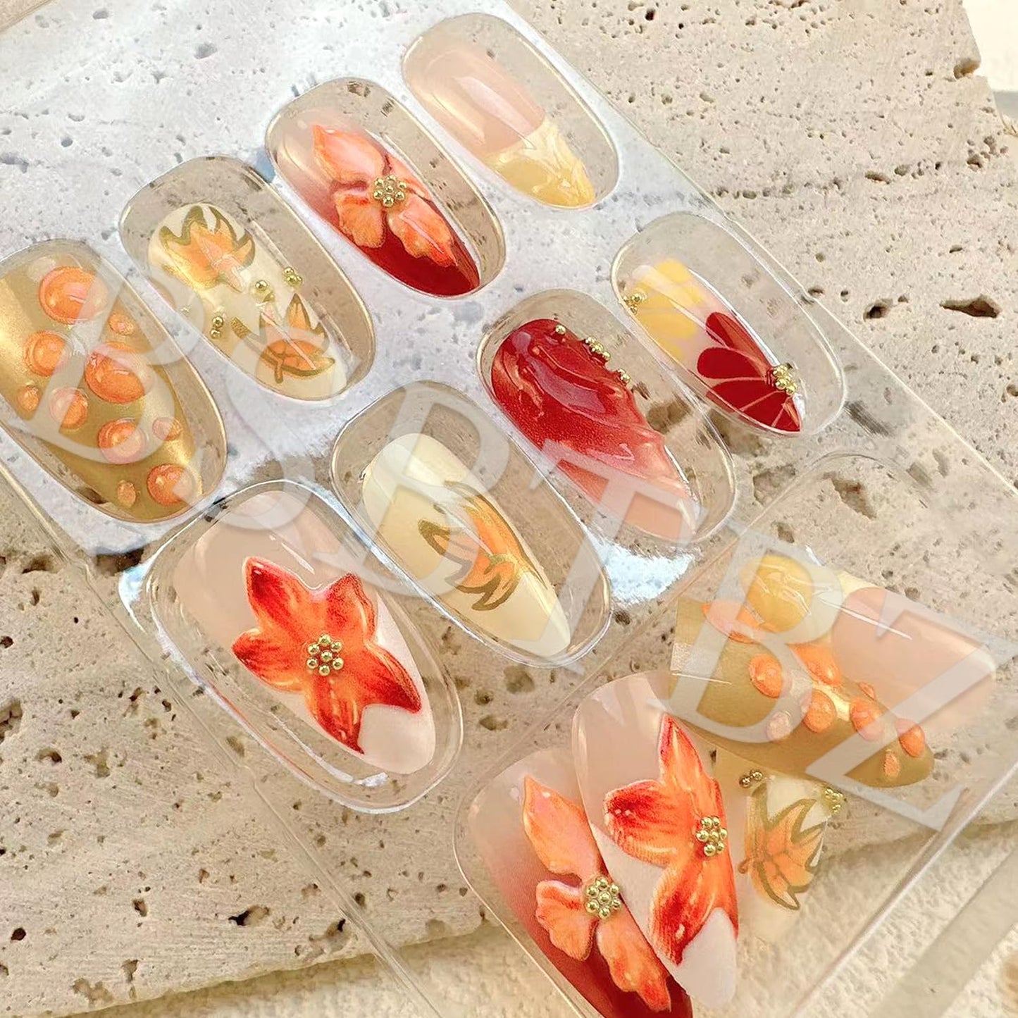 30pcs Fall Maple Leaf Press on Nails Autumn Fake Nail with 3D Floral & Gold Leaves Art in Medium French Nails Handmade Thanksgiving Nail Art for Holiday, Vacation, Birthday Nail Decoration for Women