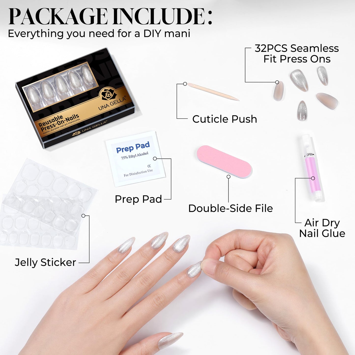 UNA GELLA 32Pcs Soft Gel Press on Nails - 16 Sizes Silver Cat Eye Almond Glue on Nails, Reusable Glitter False Nails, Full Cover Acrylic Nail Kit for Women DIY Home Manicure