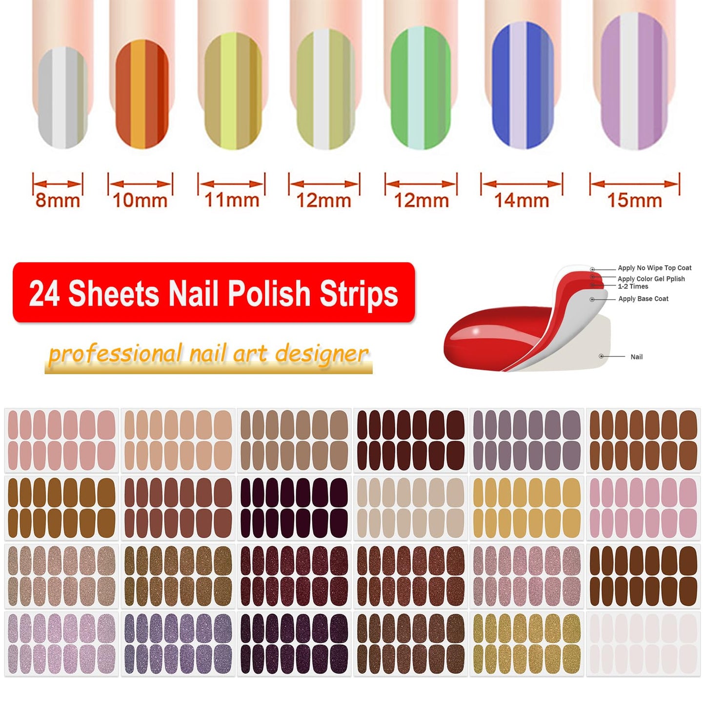 DANNEASY 24 Sheets Nail Polish Stickers Full Nail WrapsSolid Color Nail Polish Strips for Women Gel Nail Strips Self Adhesive Fingernail Stickers Manicure Kit with File, Cuticle Stick