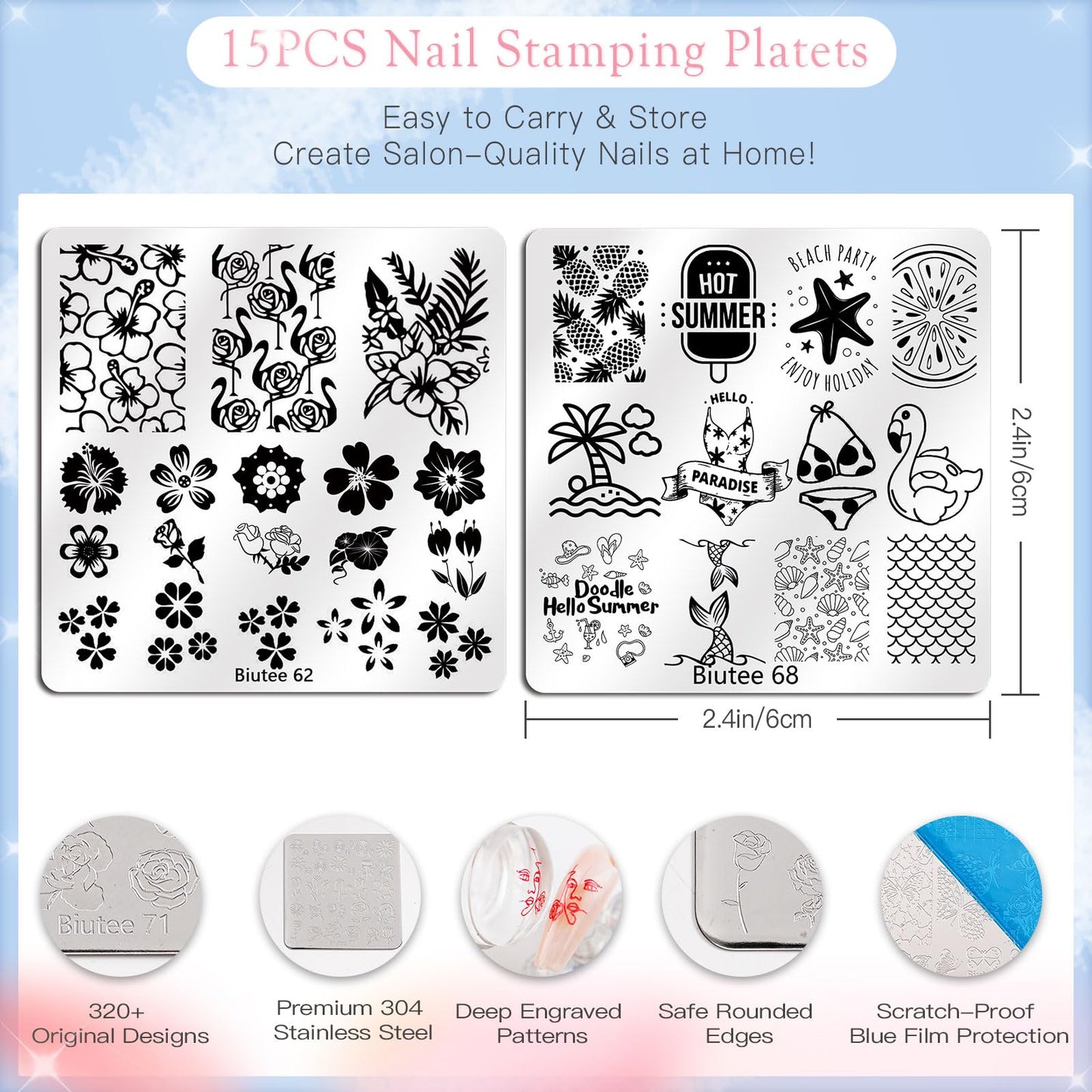 Biutee Nail Stamping Kit, 15 Nail Stamping Plates with Clear Stamper, 2 Scrapers, Storage Bag, Floral Butterfly Leaves Animal Summer DIY Nail Art Kit for Women Beginners