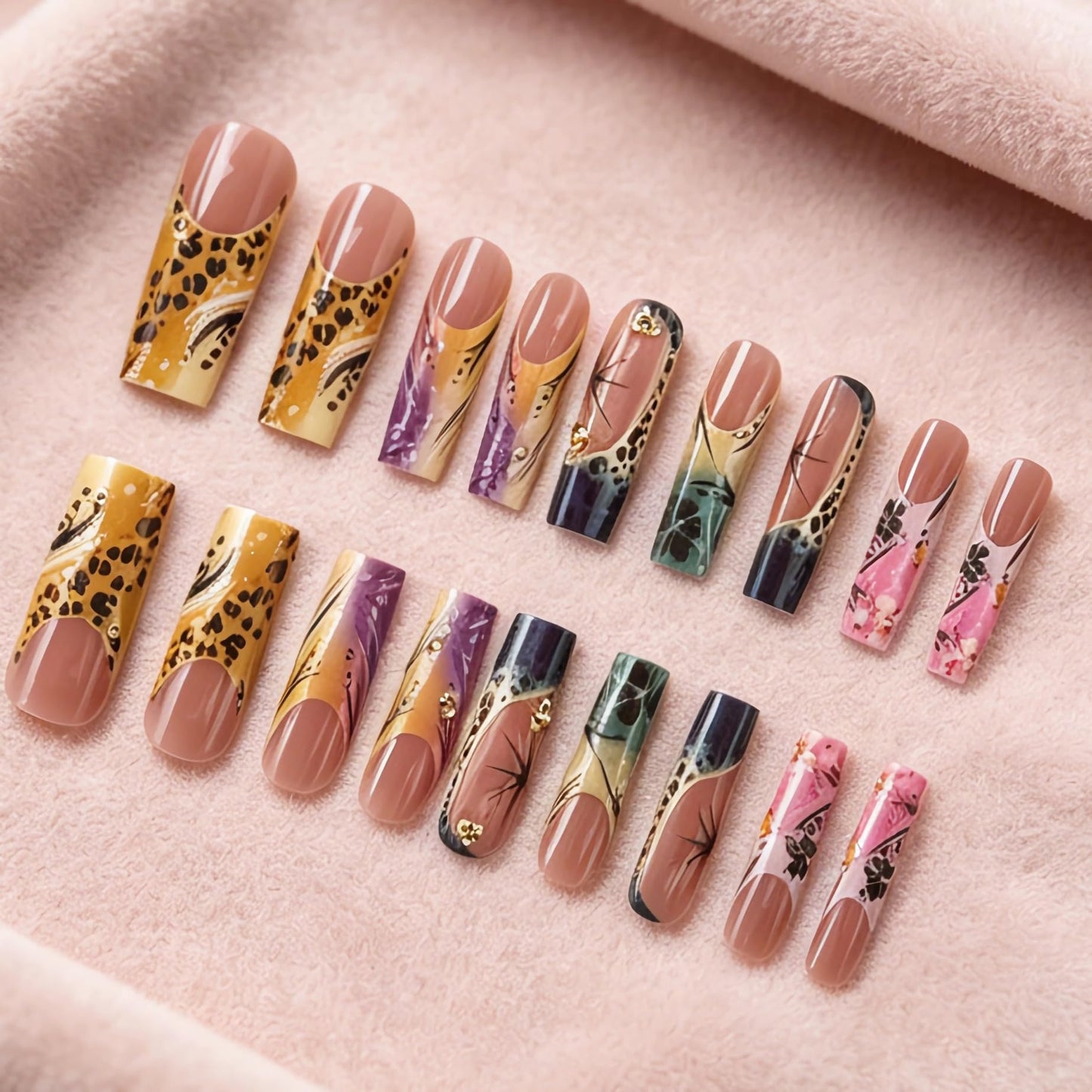 BABALAL Long Square Press on Acrylic Nails French Tip Fake Nails Yellow Green Purple Pink Stick on False Nails Summer Colorful Press ons Sparkly Bling Supplies Luxury for Women 24Pcs Coquette