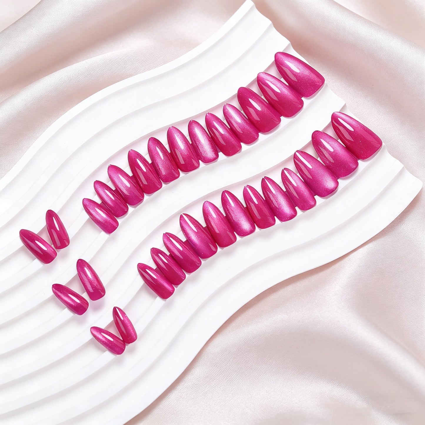 KQueenest Bright Hot Pink Cat Eye Press on Nail Almond, 30 Pcs 15 Sizes Shiny Sparkle Fake Nails Press on Medium Stiletto, Custom Thick Quality, Reusable Cute Glue on Nail for Women Summer Party