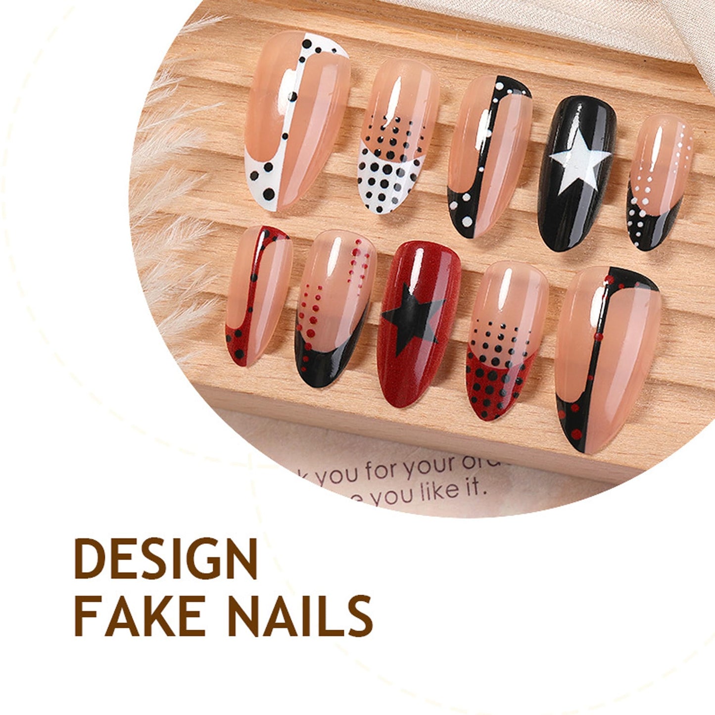 30Pcs Goth Style Press on Nails Medium Almond Fake Nails Red Black with Stars & Polka Dots Glossy Acrylic False Nails Punk Dark French Tip Full Cover Press ons for Women Independence Day Decor