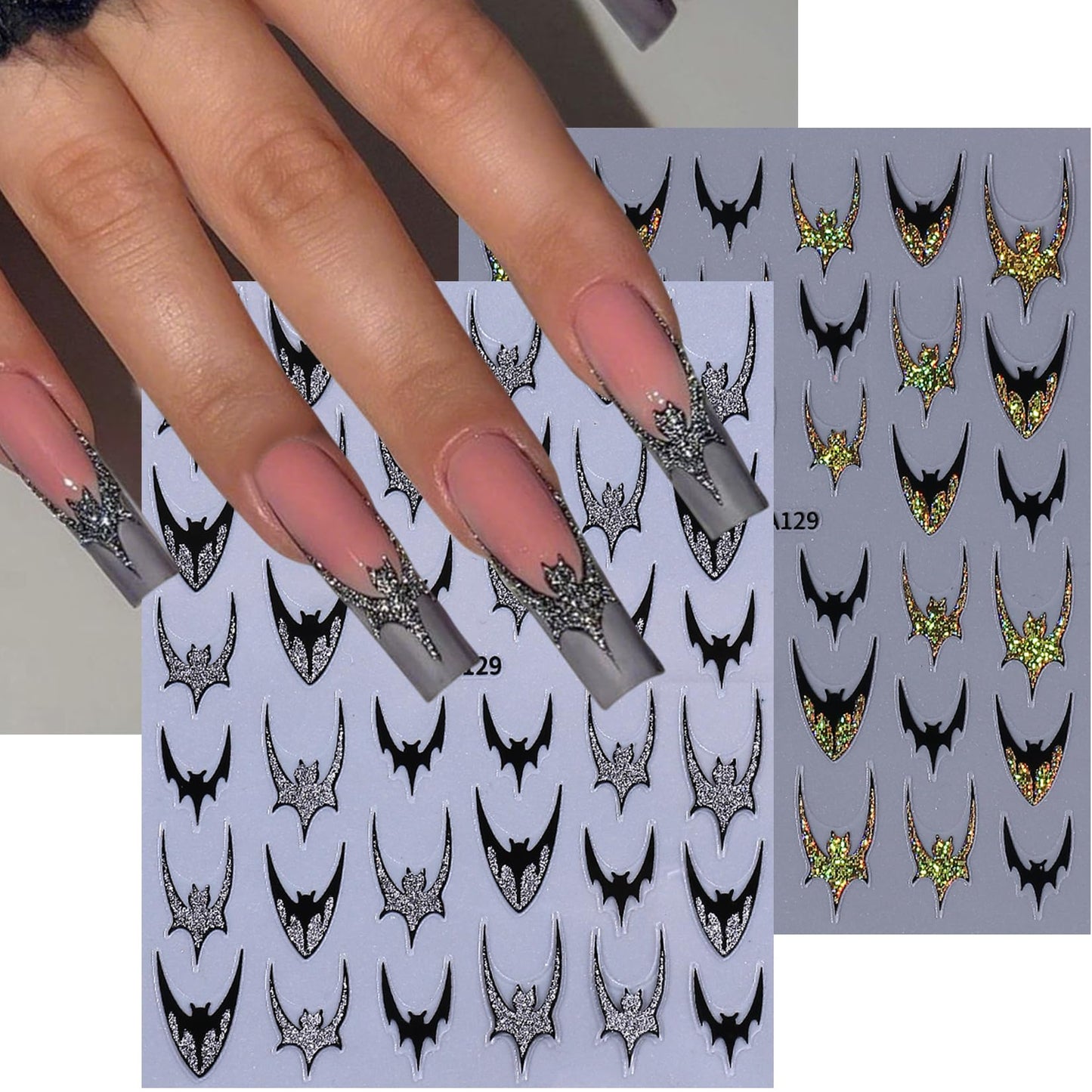 Gothic 5D Nail Art Stickers 10 PCS Embossed Skeleton Y2K Nail Decals Golden Rose Gold White Bone Skeleton Designs Goth Bat Self Adhesive Sliders Nail Art Decoration Manicure Accessories for DIY Party
