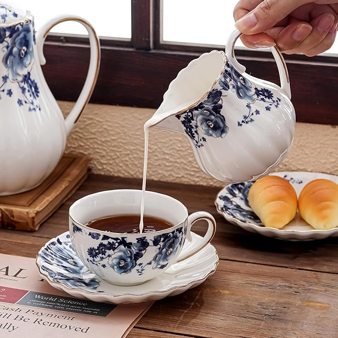 7.6oz Creamer Pitcher,Small Milk Jug with Handle,Small Milk Pitcher Cup for Coffee, Sauces, Salad (White with blue flower)