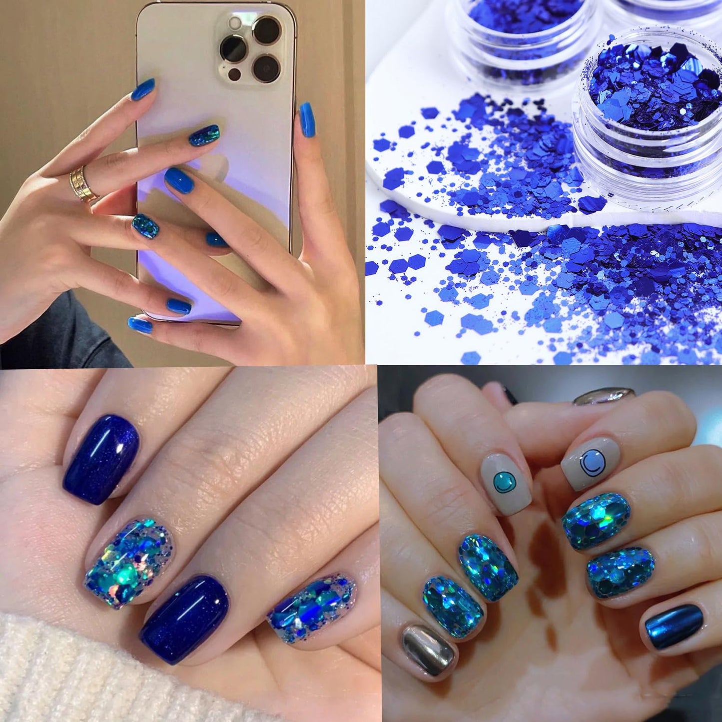 Christmas Dark Blue Snowflake Nail Art Glitter Flakes, Mixed Blue Manicure Fine Gitte Powder, Butterfly Nail Art Sequins Supplies for Women Manicure Charms Decorations, DIY Sparkly False Nails Crafts