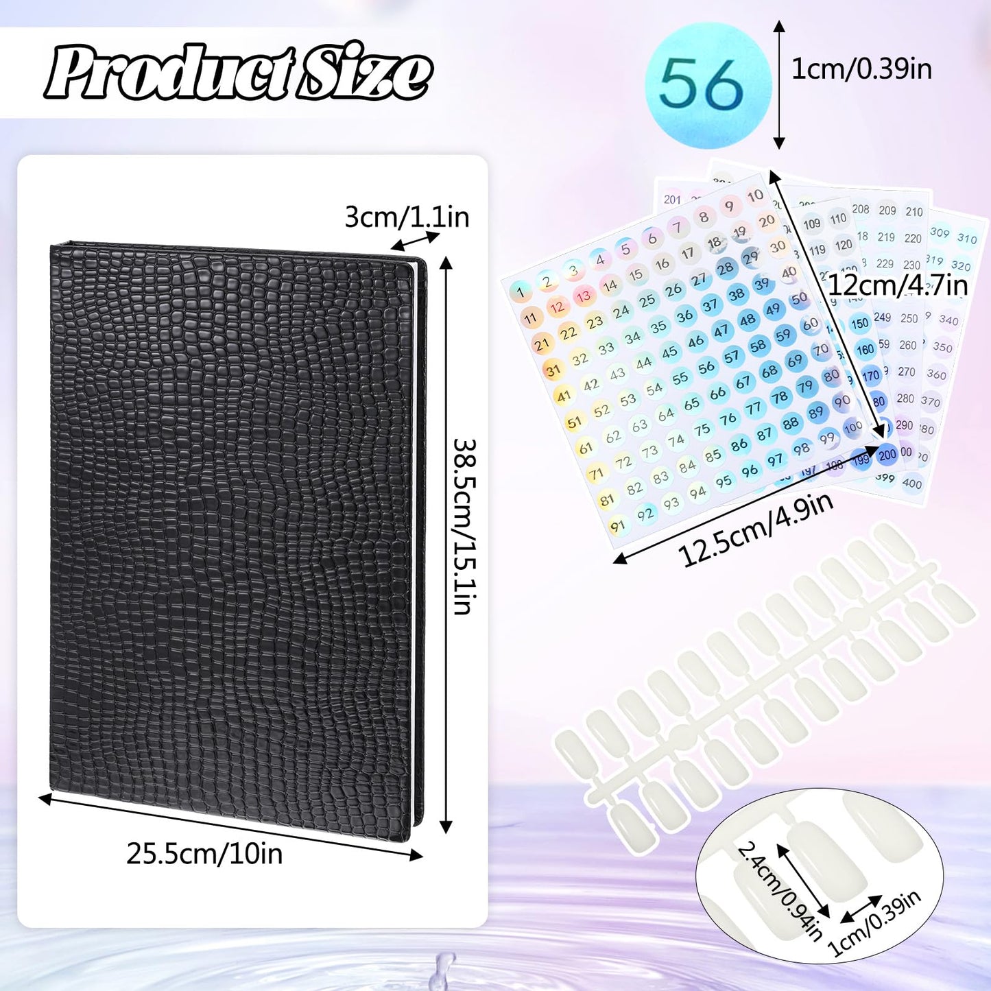 Xosjska 308 Nail Color Display Book Nail Swatch, Black Nail-Gel Polish Display Card Book Professional Salon Fingernail Art Booklet with 240 Practice Tips and 1-400 Number Labels, Black