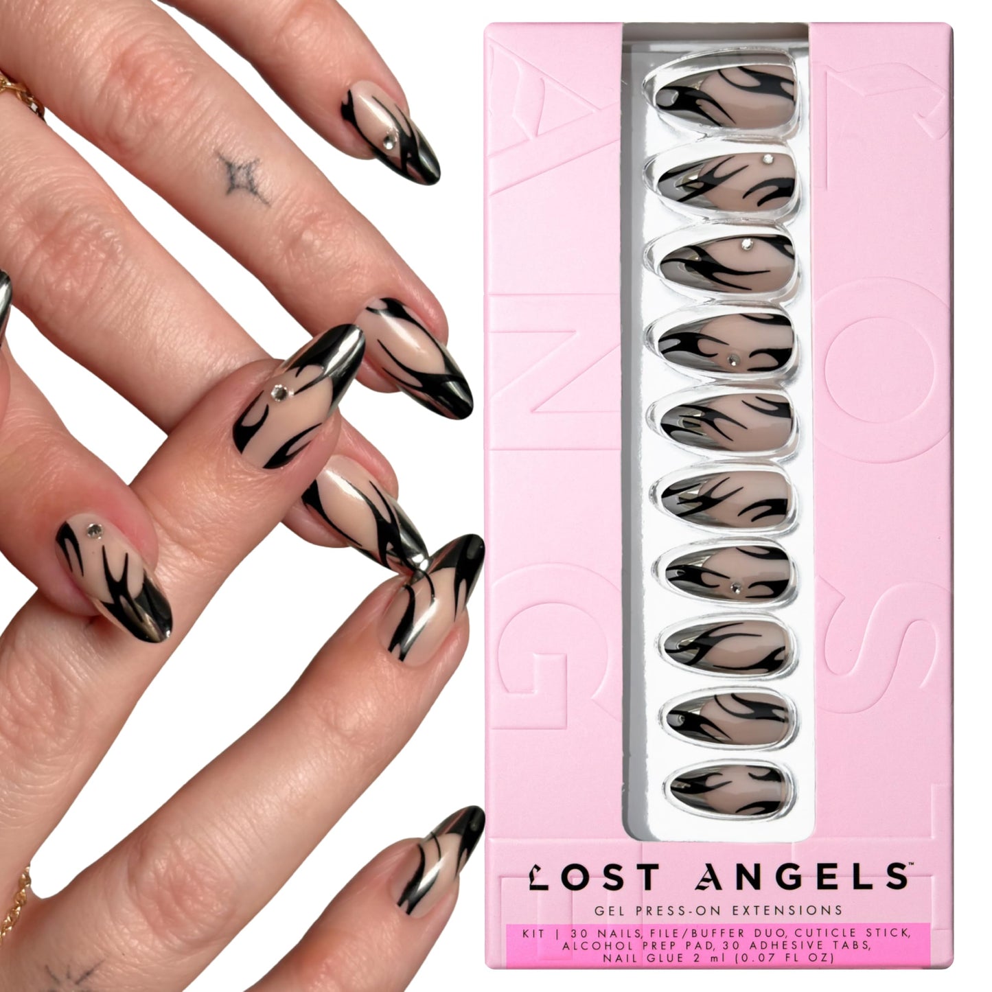 Lost Angels Gel Press On Nails - Chrome French Tip with Diamond Gems and Black Accents - Almond Medium Length - Easy Nail Kit with Adhesive Tab or Glue - 30 Fake Nail, 15 Sizes