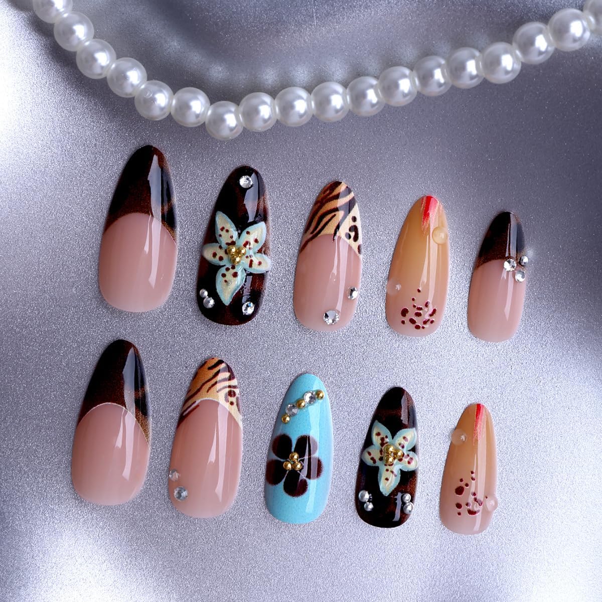 plalely Almond Press on Nails Long Colorful Fake Nailwith 3D Flowers Designs Acrylic Nail Press ons Sparkly Rhinestones Stick on Nails for Women 24pcs
