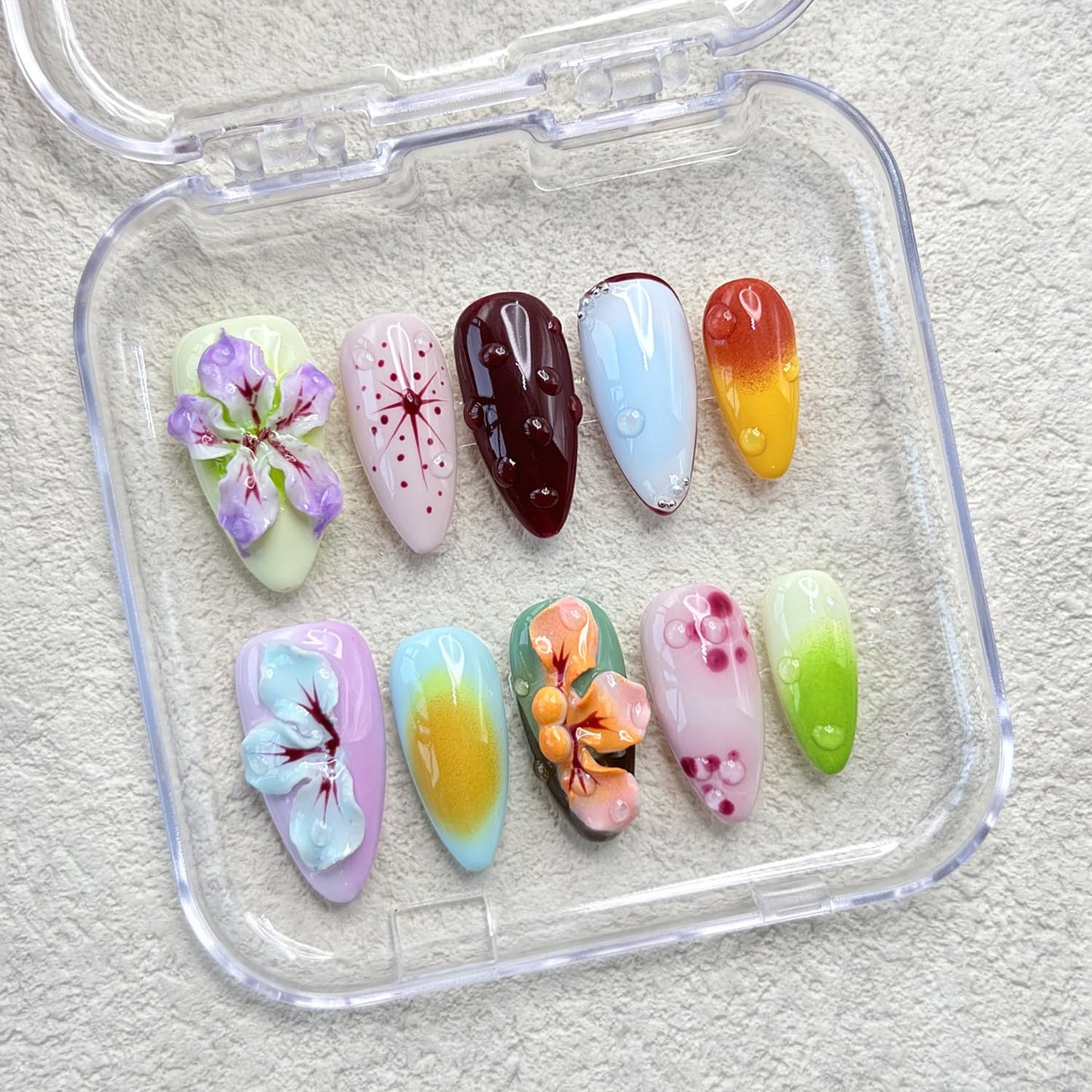 RIICFDD Handmade Press on Nails Medium Almond Thick Acrylic Nails,Tropical Flower Art Fake Nails with Water Droplet Pattern Designs Nature Stick on Nail False Nails for Wome (Size S)