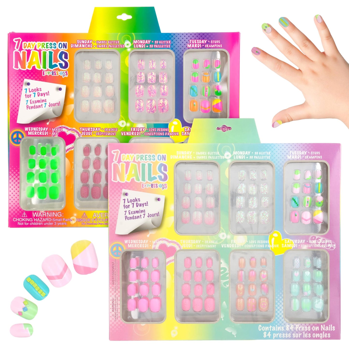 7 Day Manicure Collection - 84PC Press On Nail Set, Day-of-The-Week Adhesive False Nails for Girls (Set of Brights or Pastels) – Colorful Novelty Designs Stick On Nails for Kids
