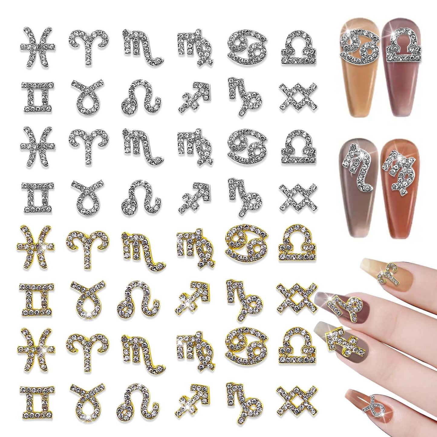 YECIRALA 48 Pcs Gold and Silver Zodiac Nail Charms 4 Set 3D Zodiac Sign Nail Rhinestones Charms for Women Nails Jewelry Zodiac Charms for Nails Design Jewelry Making Charms Nail Art Decorations Gems