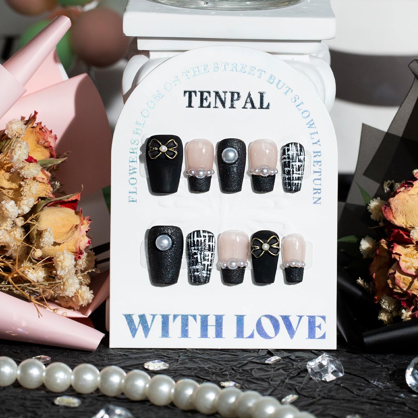TENPAL Handmade French Tips Press on Nails Medium,Black Gold Pearl & Bow Tweed Coffin Nails,Detachable Luxury Heirloom Elegance Glue on Nails for Fair Skin, Acrylic Wedding Nails for Women(L)