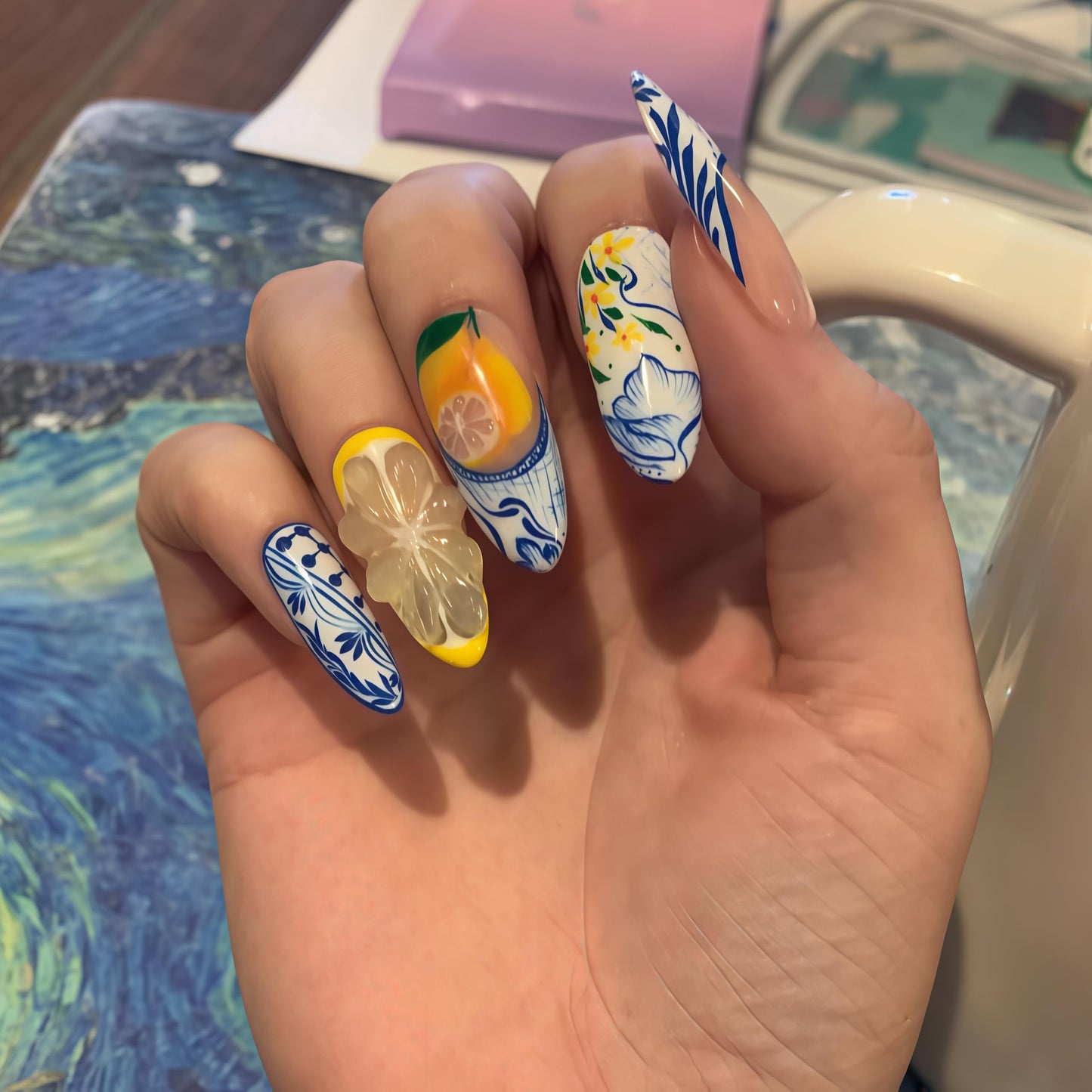 Handcrafted Press On Nails Italian Vacation Style Lemon & Blue Ceramic Pattern 100% Handmade Realistic Artistic Fake Nails With Adhesive Glue Tabs And Tool Gifts For Women (Hand-Painted Lemon,Long L)