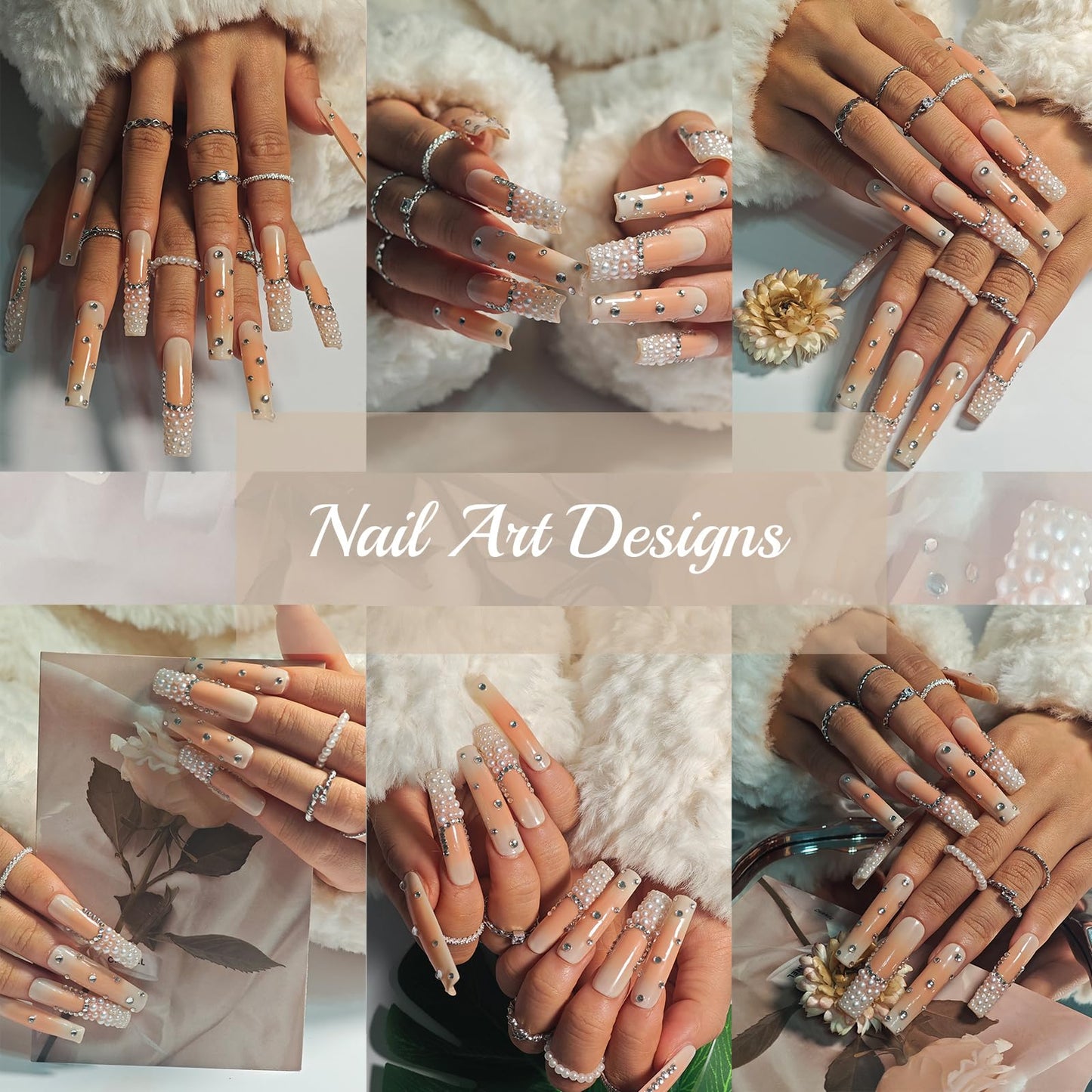 Handmade Square Press On Nails, French Tip Long, Rhinestone Pearl Ombre Nude for Women Gift, Reusable Stick On Fake Kit With Glue (NudePearl, S)