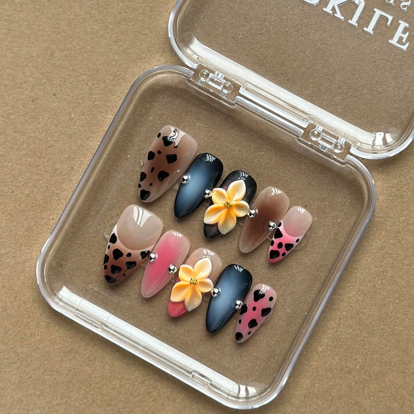 Luxury Press on Nails Medium Almond Handmade 3D Unique Reusable ABS Material Fake Nails False Nails with Designs Yellow Flower Leopard Art Petal Pink Glossy Glue on Thick Acrylic Nails(S)