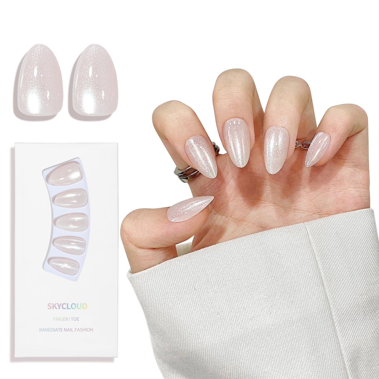 Almond Cat Eyes Press On Nails,12 Sizes - 24 Pcs Soft Gel White Medium Fake Nails Kit with Nail Glue, Natural Reusable Stick On False Nails for Women and Girls (Skycloud Moon White) SK0752