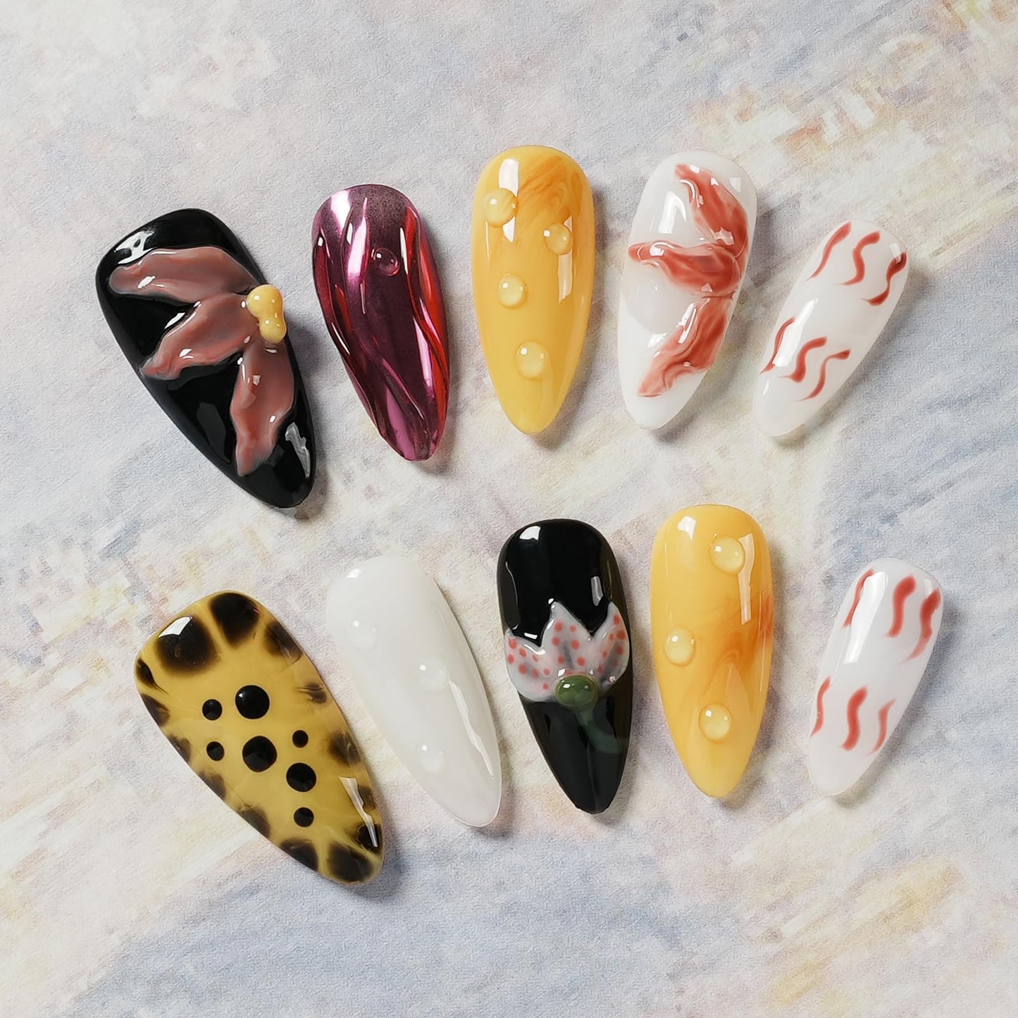 Tesytto Handmade Press on Nails with 3D Flower & Water Droplets - Luxury Multicolor Almond Fake Nails - Reusable Salon Quality Stick on Nails for Women (Bold Bloom & Dot Glam, M)