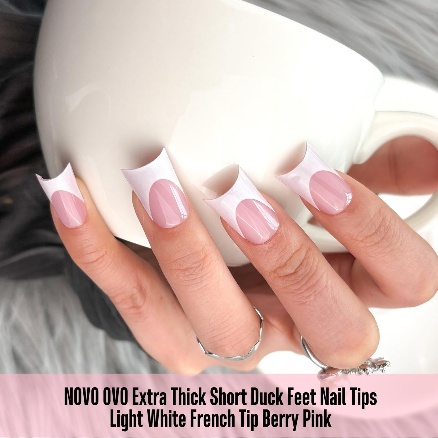 NOVO OVO Duck Nails Short with Moon Curve Light White French Tips BERRY PINK Full Cover for Press on Acrylic, Thick Flare Wide French Soft Gel Fake False Nail Extension x 15 Sizes 240 pcs