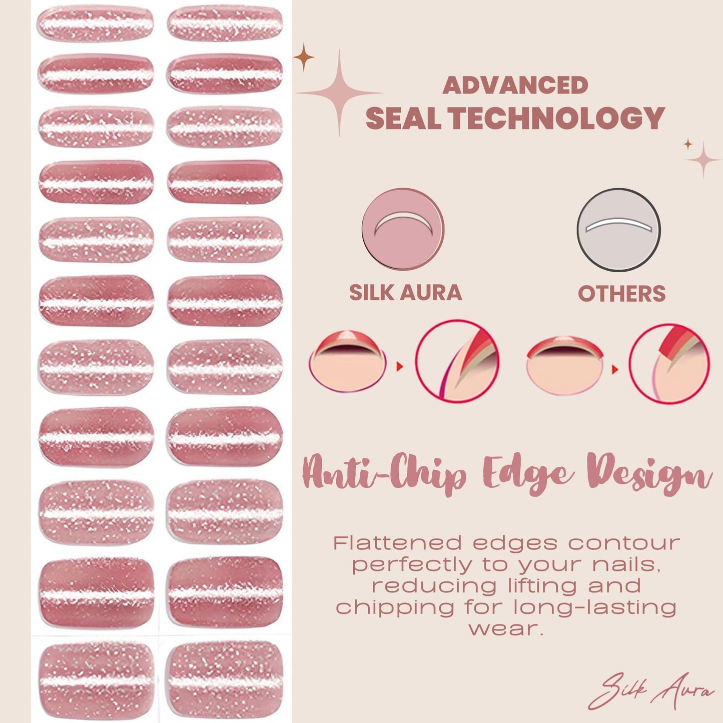 Silk Aura Nail Foils, Self-Adhesive Gel Nail Strips, No UV Needed, Glitter Shiny Pink Nail Stickers, Waterproof, Long-Lasting, Natural Manicure Design for Fingers & Toenails