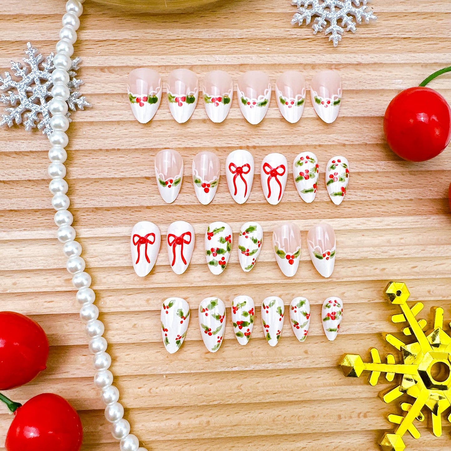 24Pcs Christmas Press on Nails Short Almond Red Bow Fake Nails with Rhinestones Christmas Holly Acrylic Nails Winter French Tip False Nails New Year Full Cover Stick on Nail for Women Nail Art Design