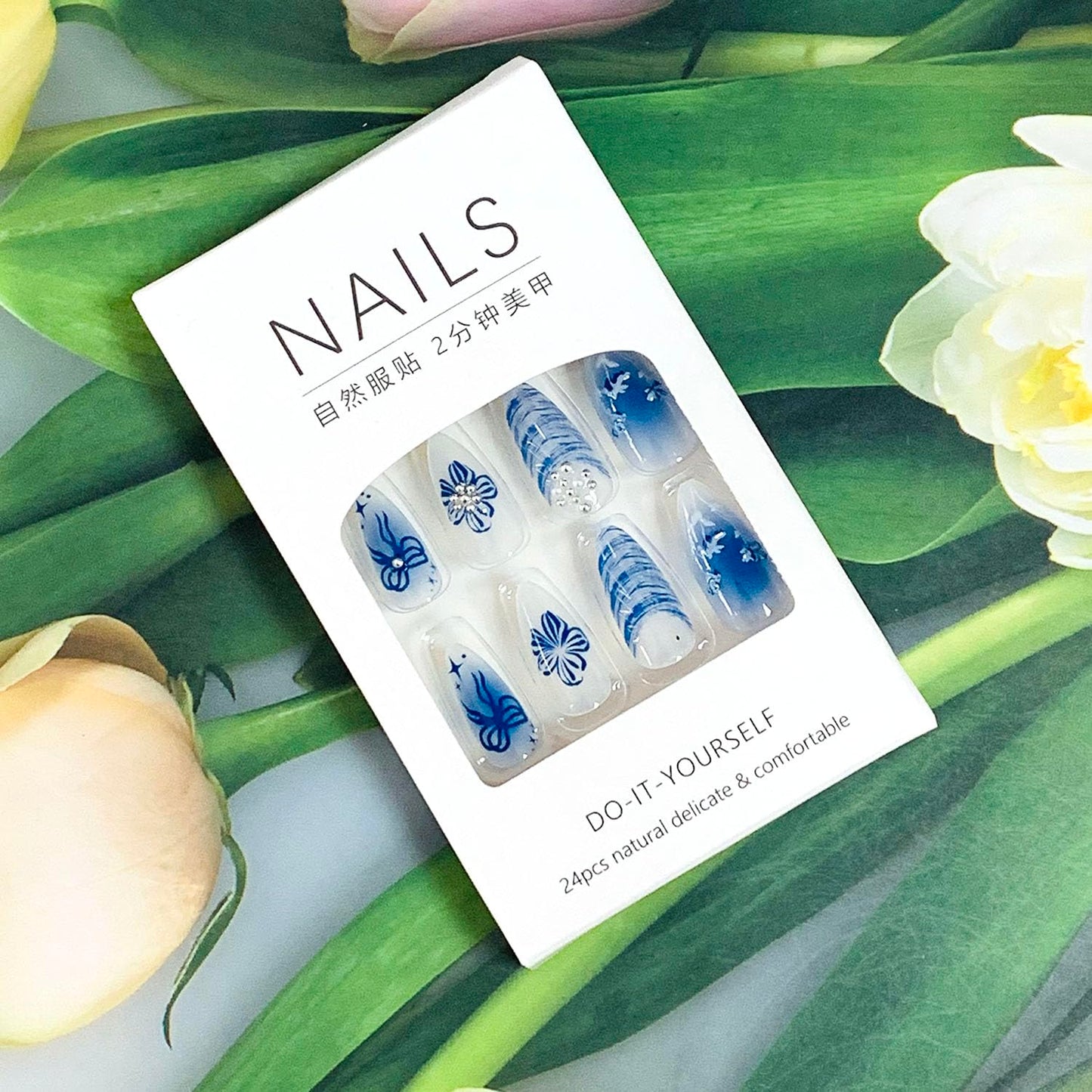 EYZOTSF Press on Almond Nails Medium Length Glossy Full Cover Acrylic Almond Shaped False Nails with Designs Artificial Fake Nail with Charms Glue Stick ons Fingernails for Women Girls(Z1102)